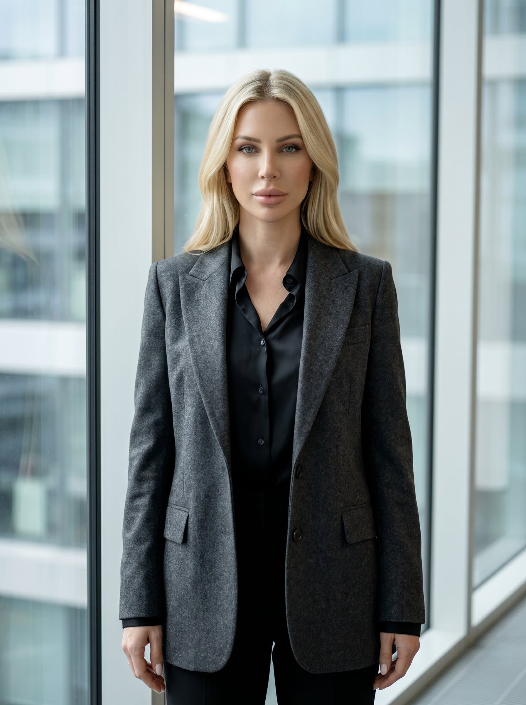: Project manager headshot in Modern Minimalist style, wearing a monochrome outfit, standing by a large glass window, photorealistic, expressing professionalism and calmness, natural lighting enhances features.