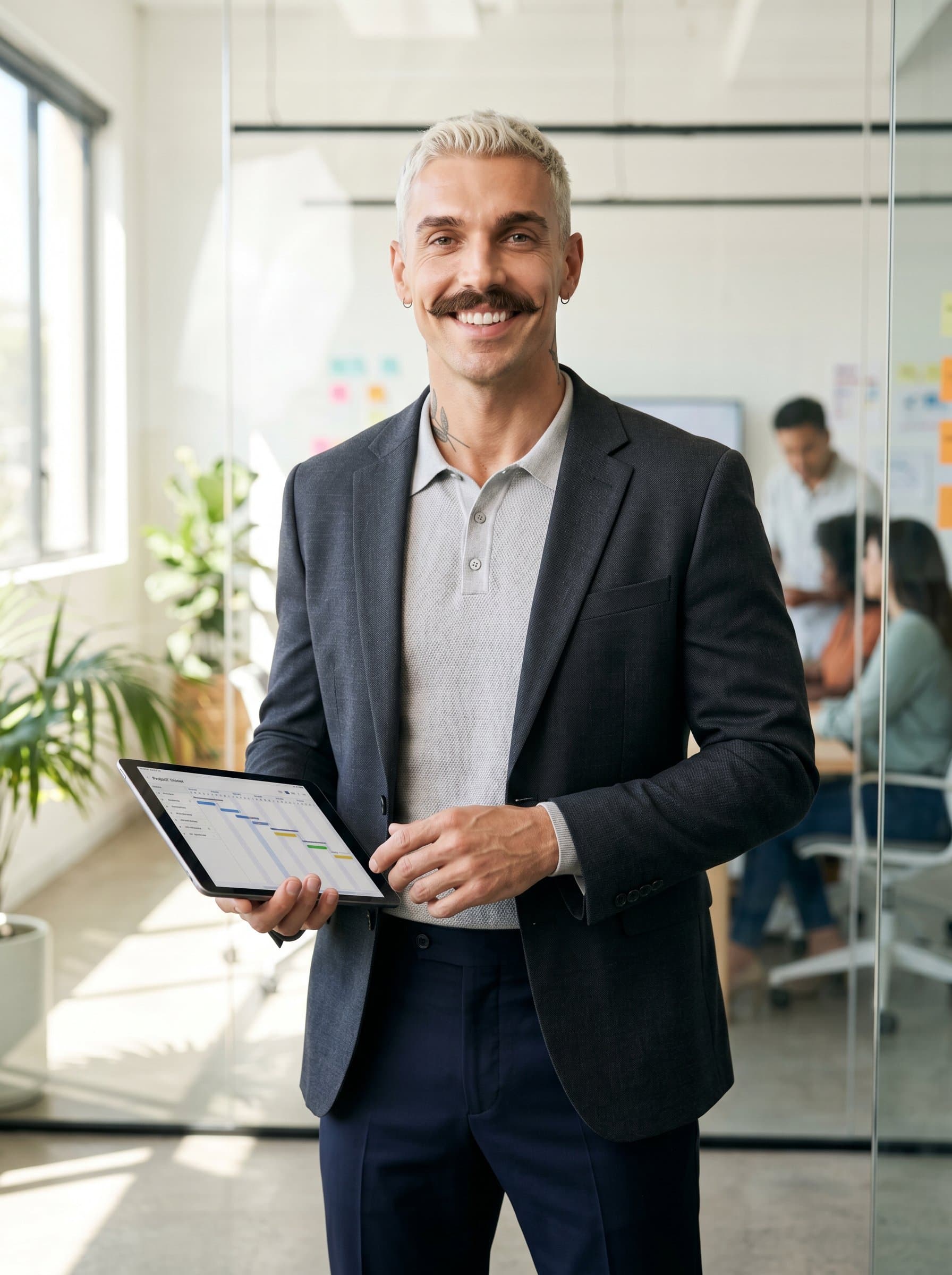 : Modern Minimalist project manager, photorealistic, wearing sleek, casual business attire, in a bright office space, with a digital tablet in hand, friendly smile, shows innovative and adaptive nature.