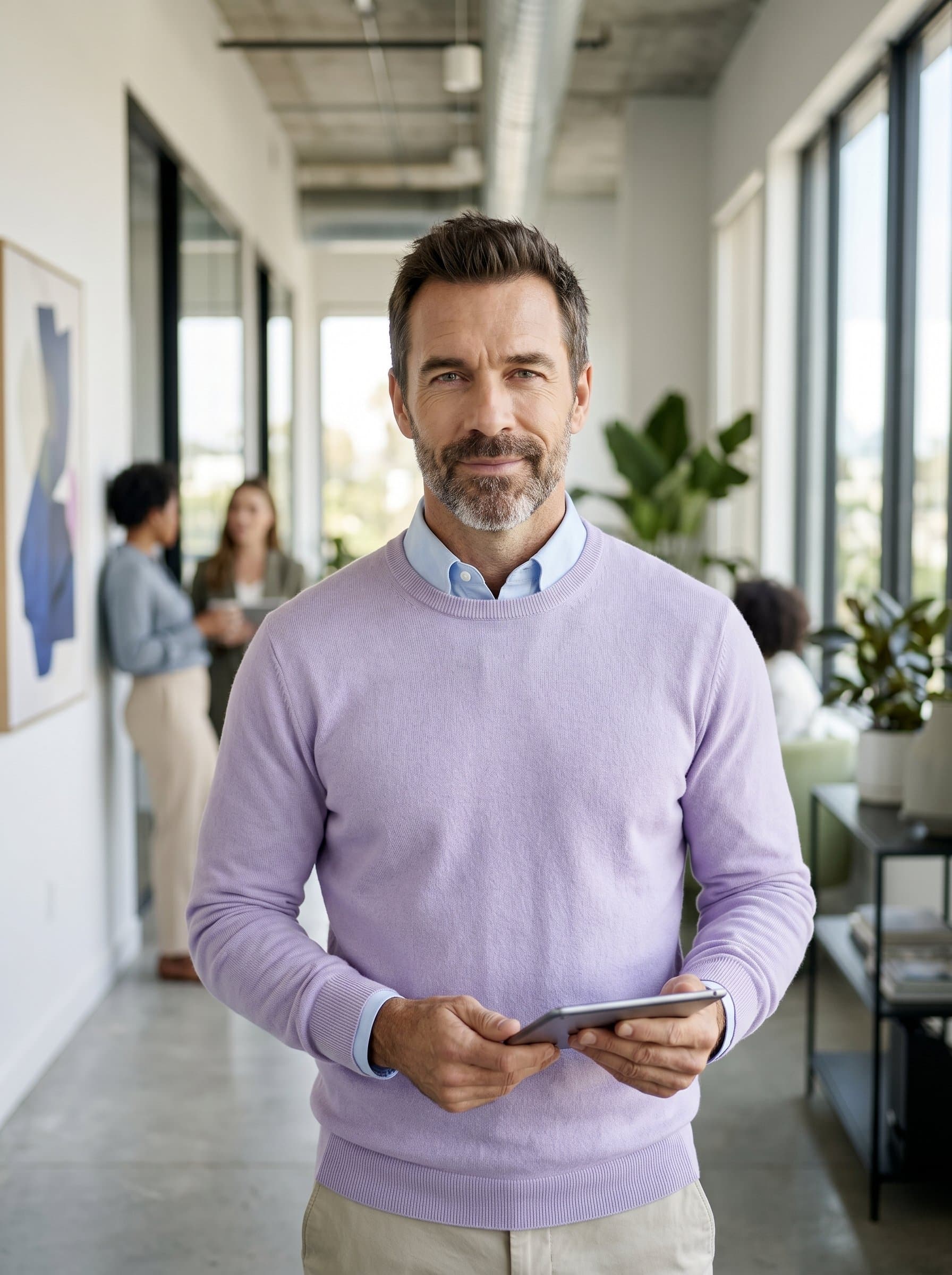 : Project manager in Modern Minimalist style, wearing pastel colors, standing in a bright, modern office corridor, slight smile, photorealistic, soft-focus on the background to enhance presence.