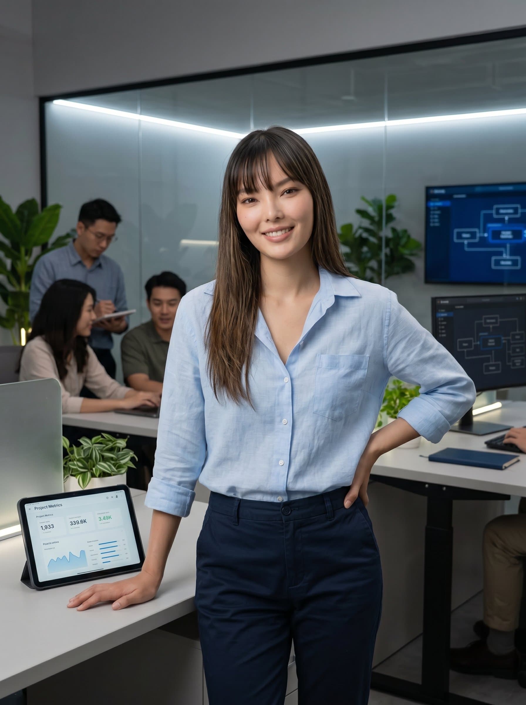 : Modern Minimalist project manager, photorealistic, wearing an open-collared shirt, standing in a tech-focused workspace with modern décor, smiling casually, creating a relaxed and professional vibe.