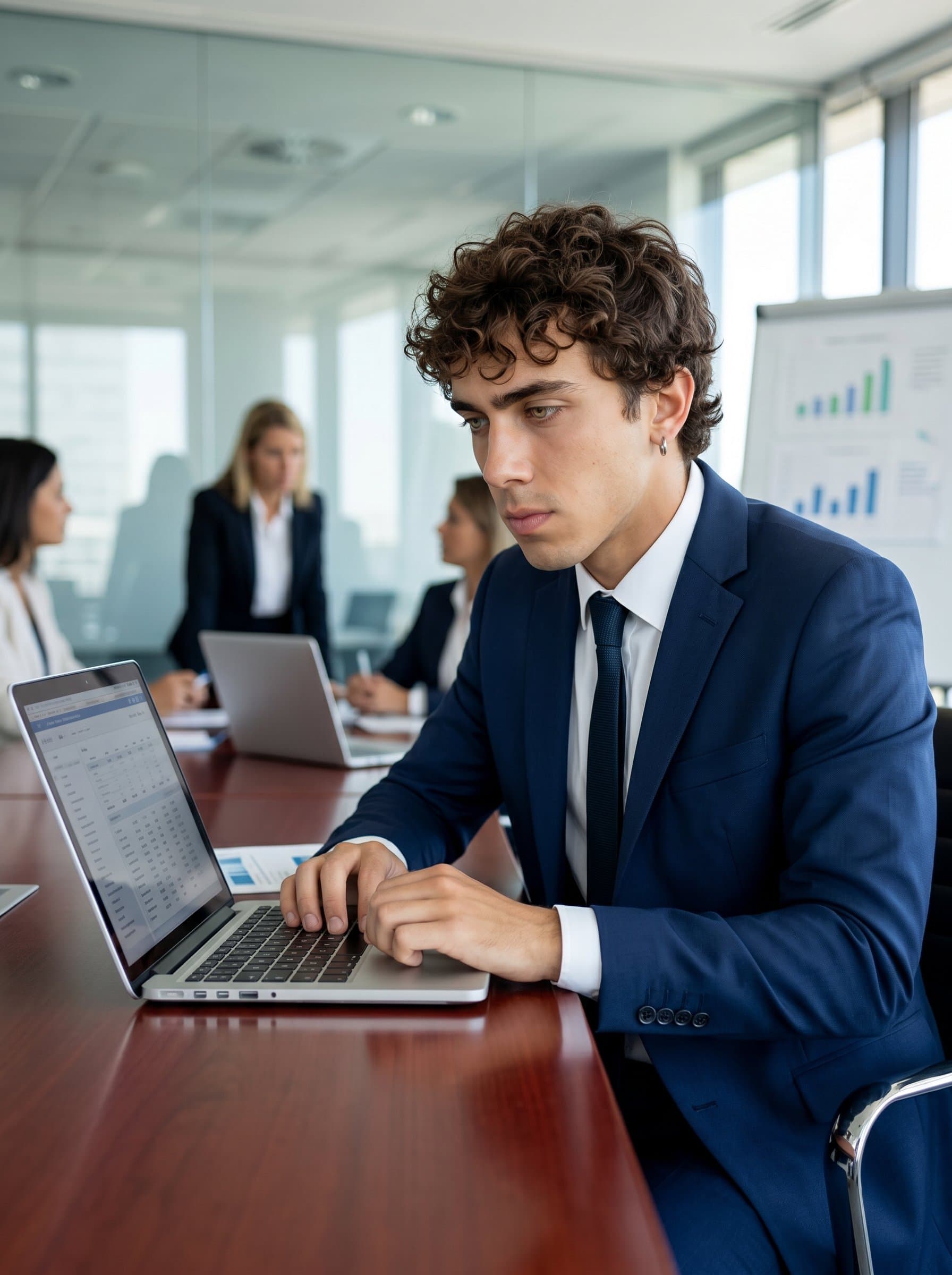 : Classic Corporate project manager, in a professional suit, photorealistic, sitting at a conference table with a laptop open, intense focus on face, background of meeting room slight blur.