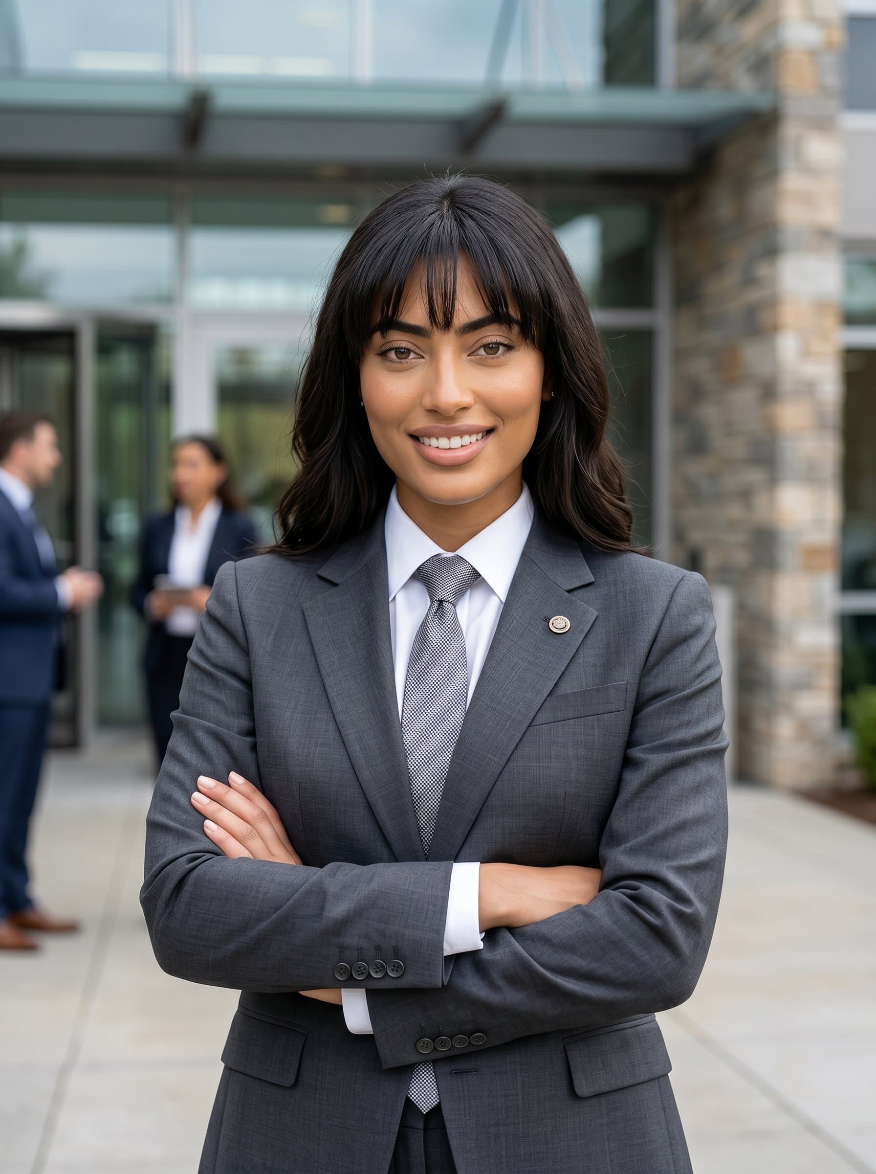 : Photorealistic project manager headshot, Classic Corporate, wearing a grey business suit, standing in front of a corporate headquarters, projecting a strong, reliable presence, with soft outdoor lighting.