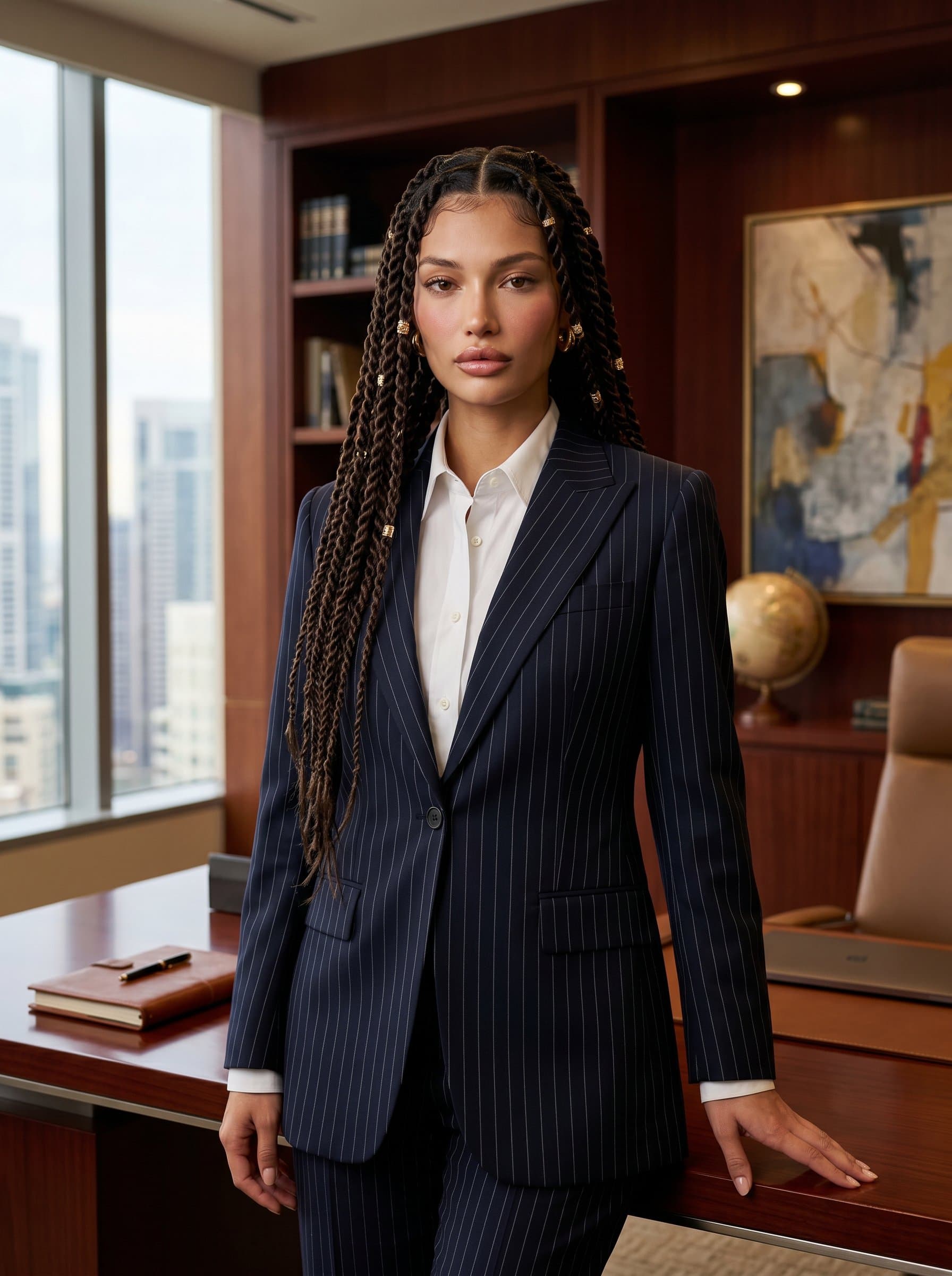 : Classic Corporate project manager with a pinstriped suit, standing confidently in an elegantly furnished office, photorealistic, with a serious yet approachable expression, highlighting leadership qualities.