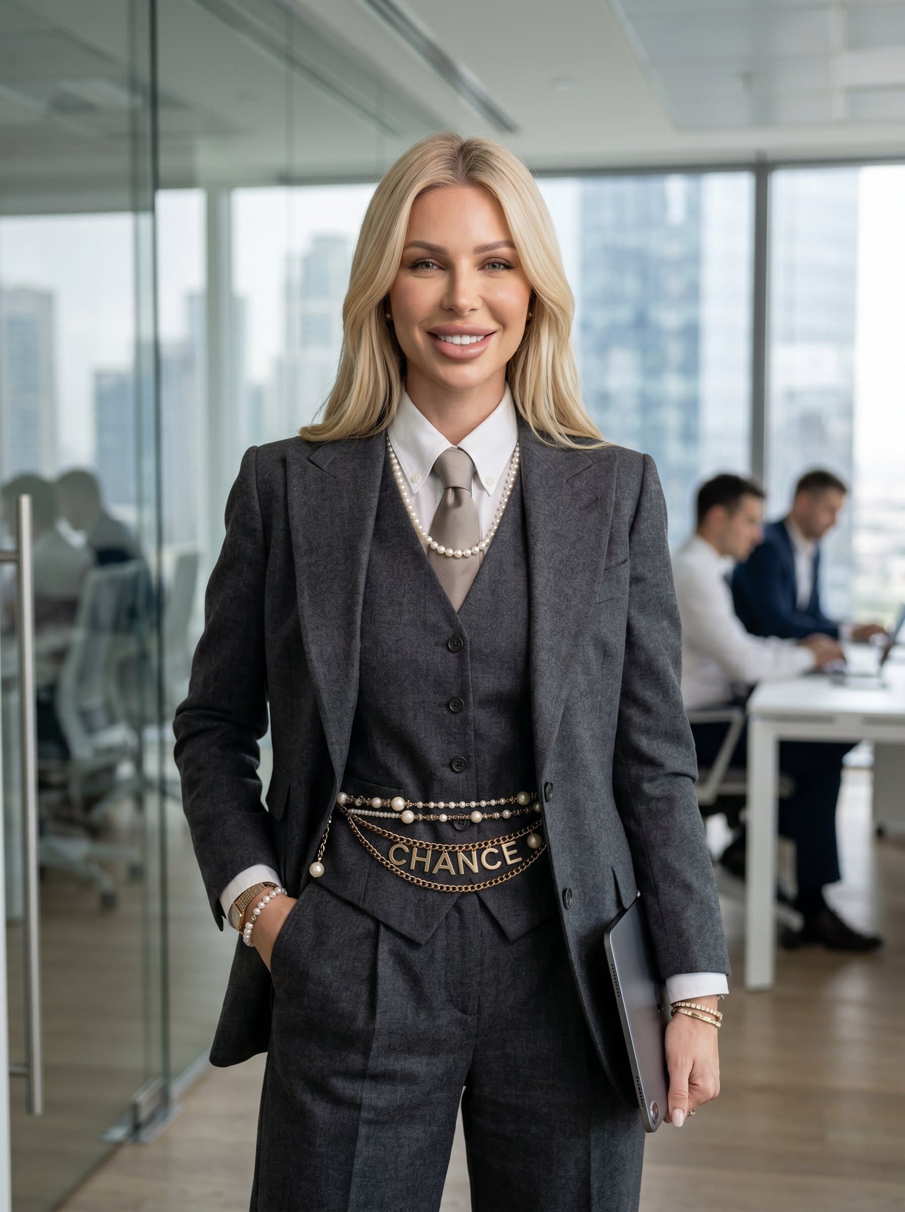 : A project manager with a Classic Corporate look, wearing a tailored suit, in a well-lit office, showcasing confidence and approachability, with a professional smile, high-quality photorealism, and a soft-focus background.