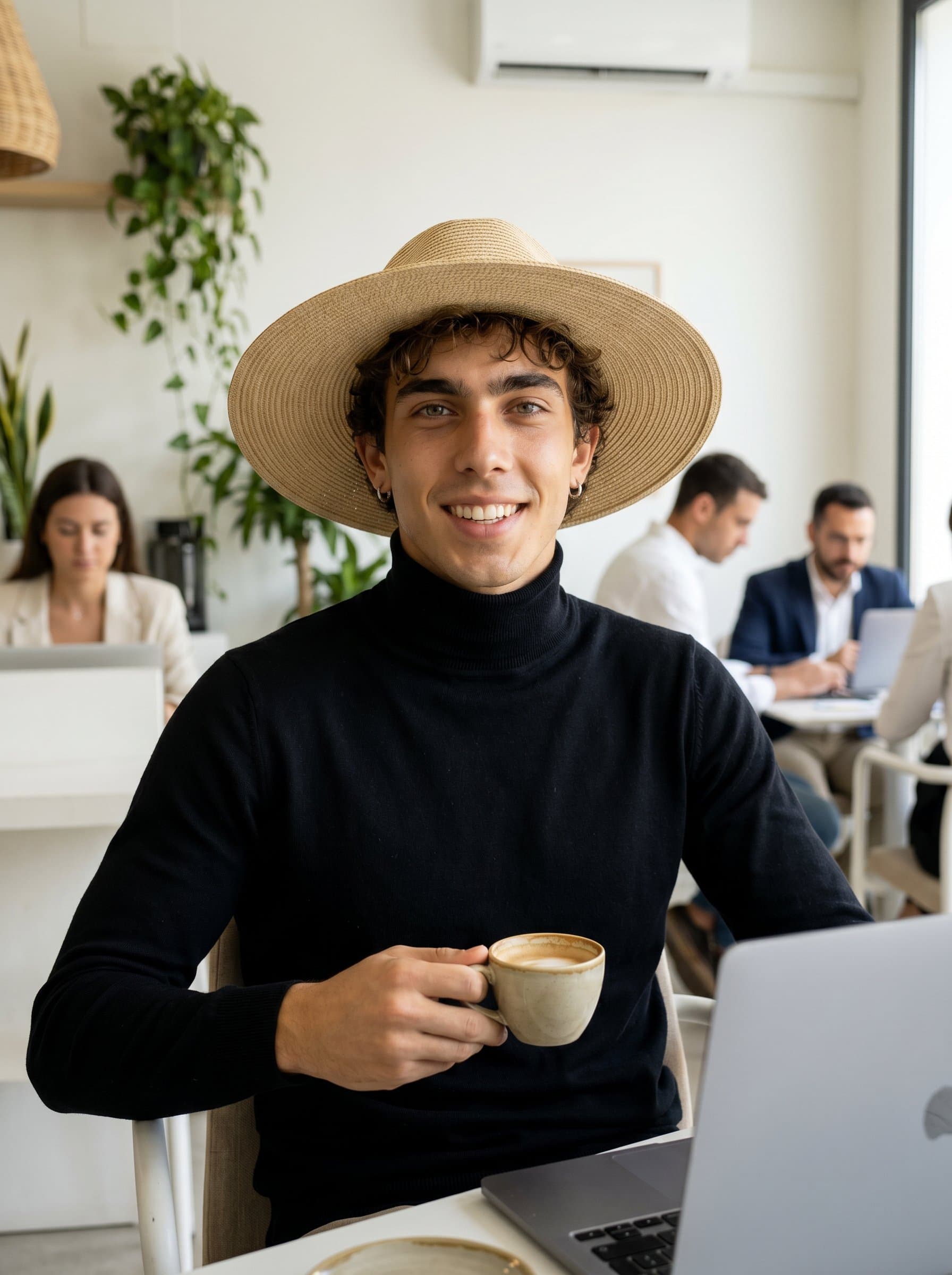: Modern Minimalist project manager, photorealistic, dressed in a simple yet elegant outfit, in a coworking space, seated with a cup of coffee, relaxed, open expression indicating approachability.