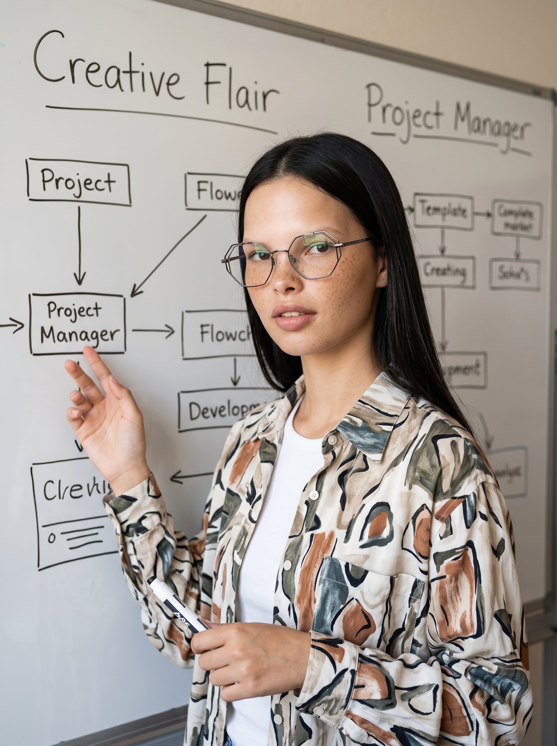: Creative Flair project manager headshot, wearing artsy glasses, with a patterned shirt, standing at a whiteboard full of diagrams, showcasing ingenuity and confidence, photorealistic.