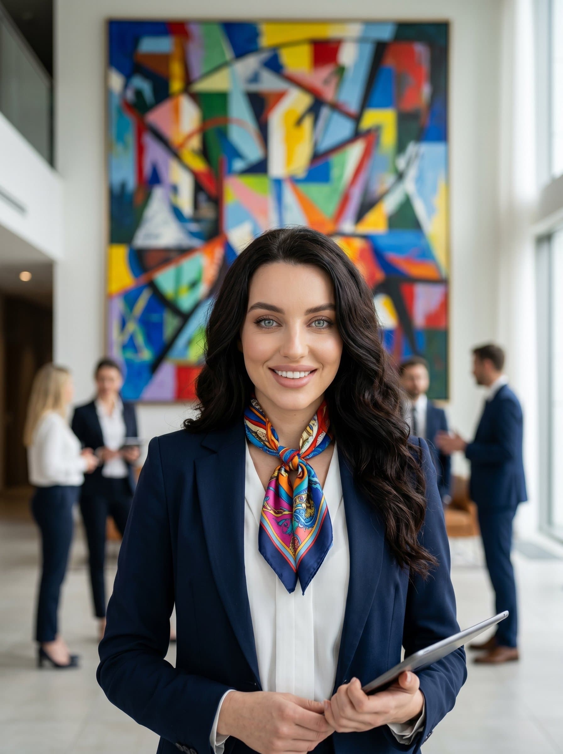 : A project manager with Creative Flair, wearing a colorful neck scarf, standing before a large, abstract art piece, expressing confidence and creativity in a photorealistic corporate setting.