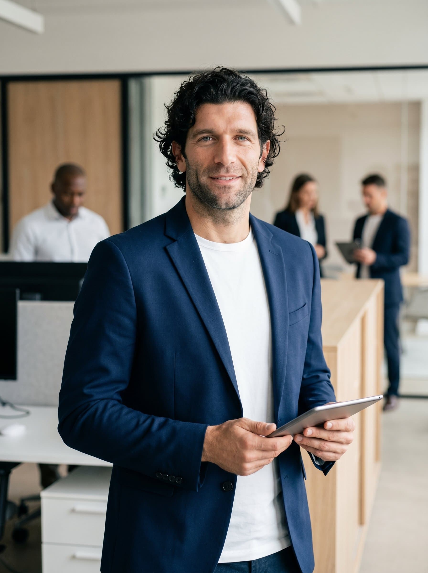 : A project manager in a Modern Minimalist style, wearing a sleek blazer and simple blouse, in an open-space office, with a gentle smile, conveying professionalism, against a neutral-toned background, highly detailed photorealistic.