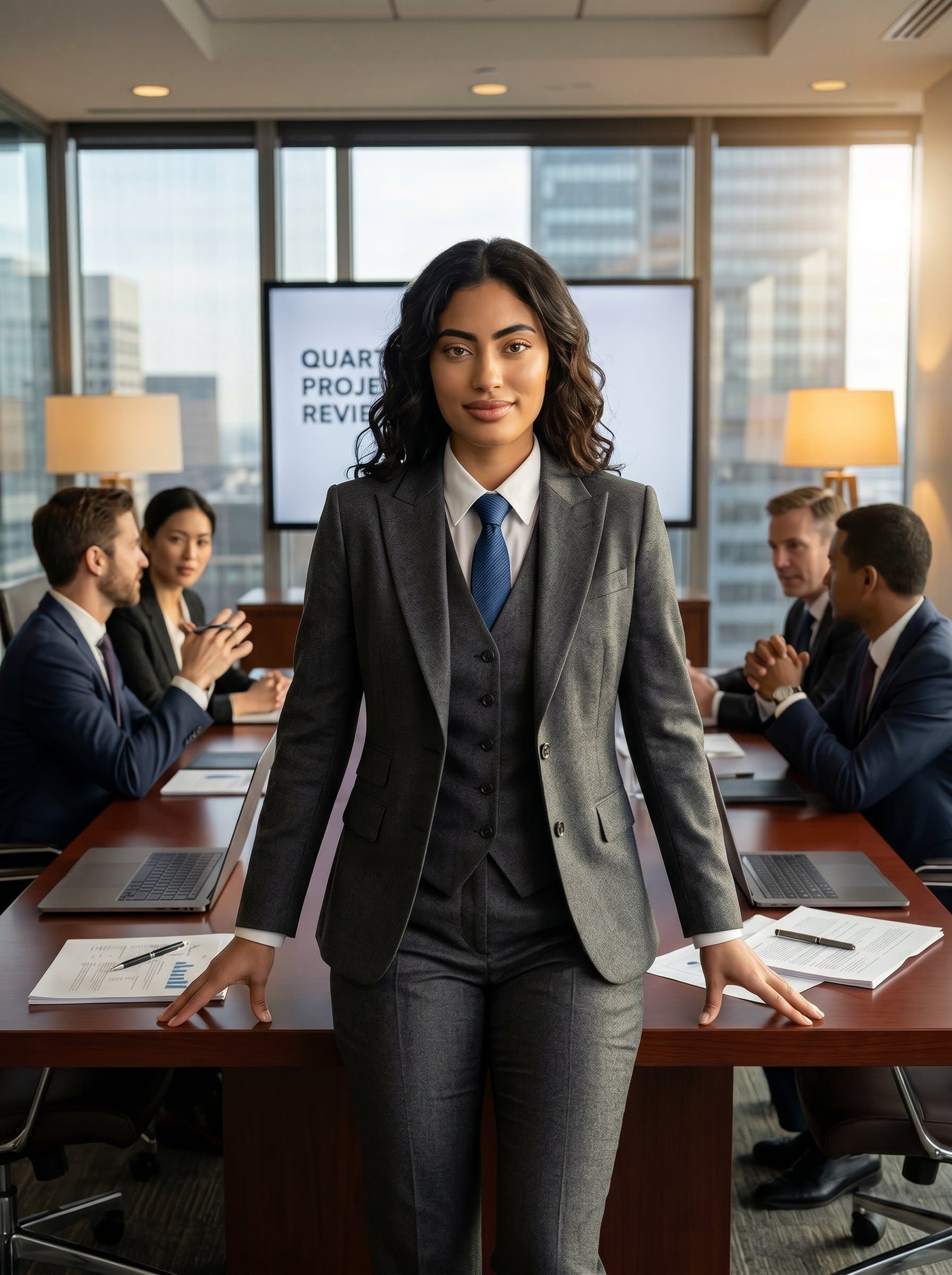 : Professional project manager with Classic Corporate attire, poised in a formal meeting room, dark suit, serious yet welcoming expression, photorealistic, with warm lighting highlighting the leadership aura.