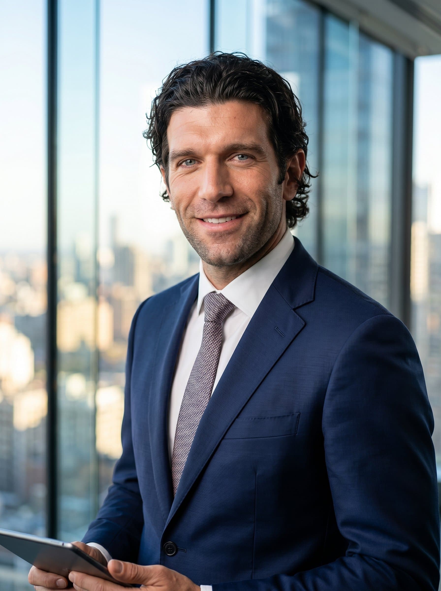 : Photorealistic project manager headshot, Classic Corporate, wearing a navy suit, in a high-rise office with a city view, radiating confidence and sophistication, high detail emphasis on facial features.