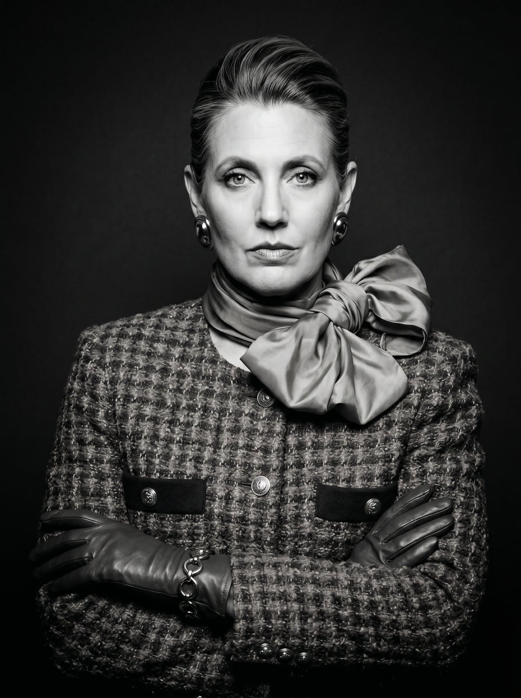 Craft a bold headshot with dramatic lighting and a striking pose, perfect for recruiters aiming to project confidence and authority in their digital branding.