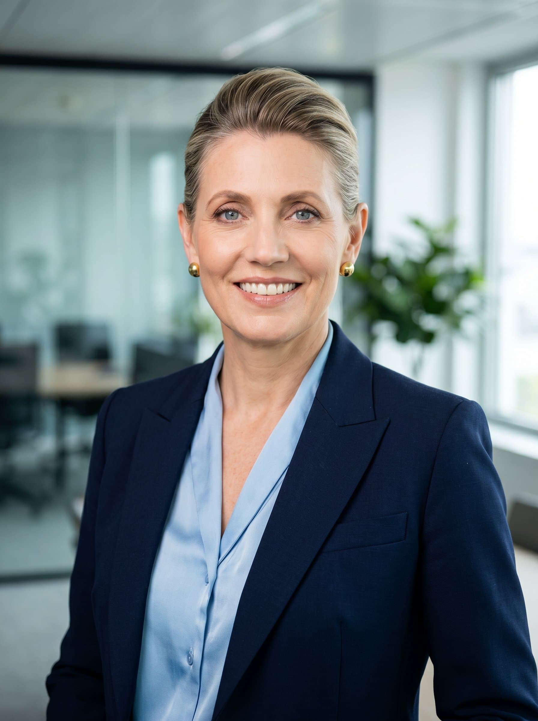 Create a headshot showcasing a corporate look, capturing confidence and charisma with a sharp blazer and a soft-focus office background, perfect for recruiters seeking to enhance their professional presence.