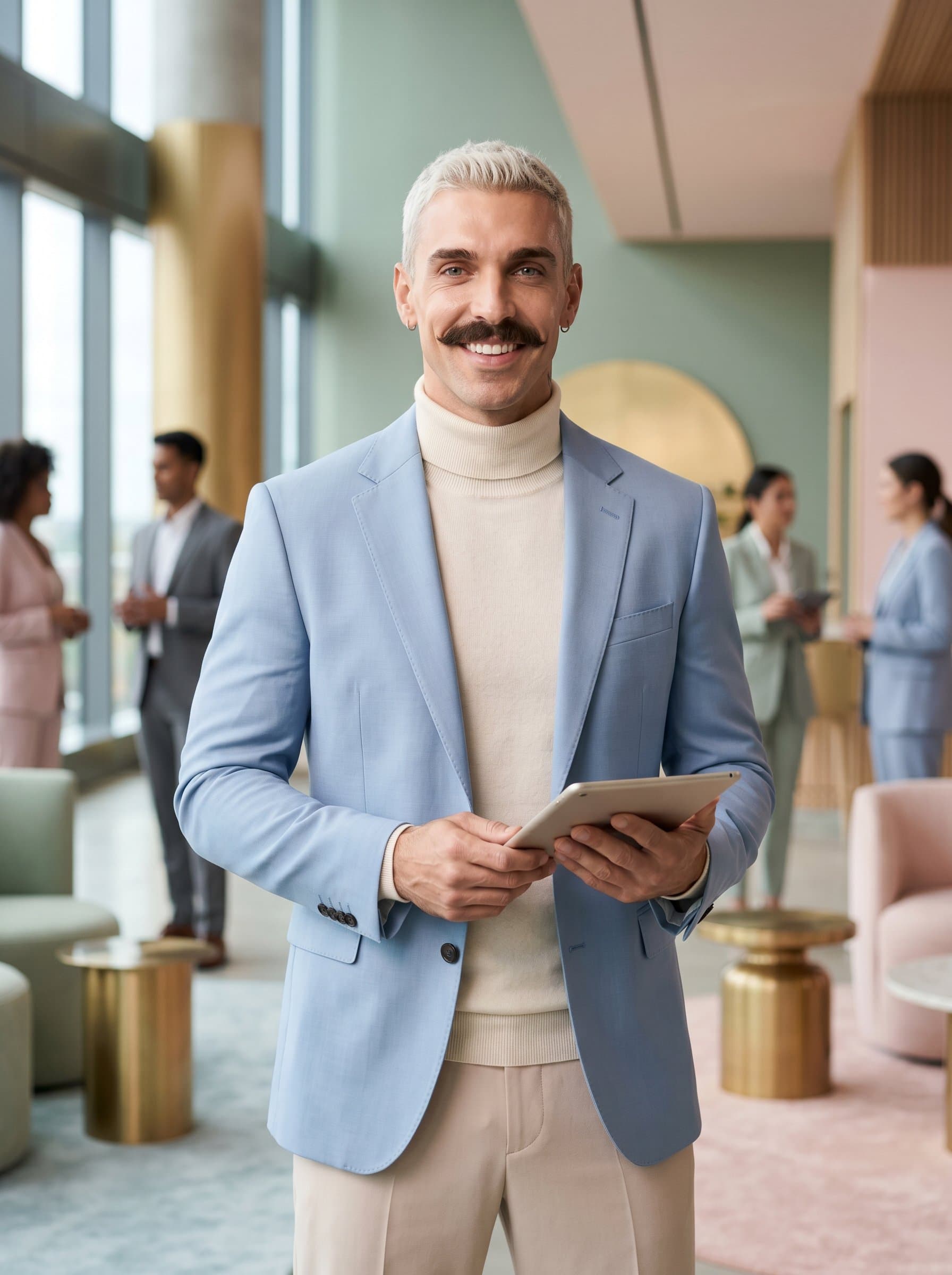 Compose a image with an elegant flair, incorporating soft pastels and a sophisticated background, ideal for professionals seeking a timeless and refined look in the recruitment sector.