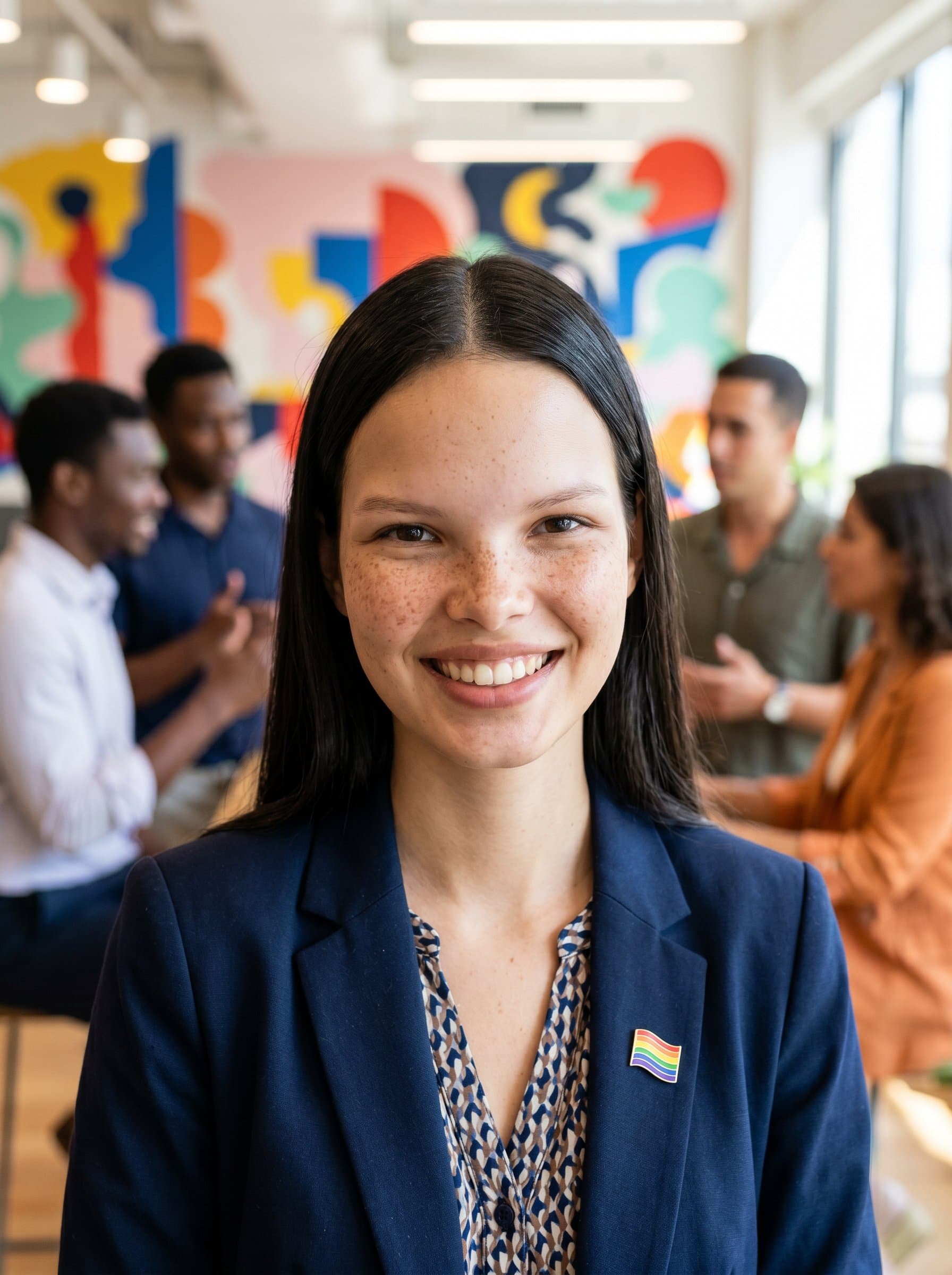 Generate a headshot with a focus on inclusivity and diversity, depicting a professional in a vibrant setting, to resonate with companies prioritizing varied perspectives in recruitment.