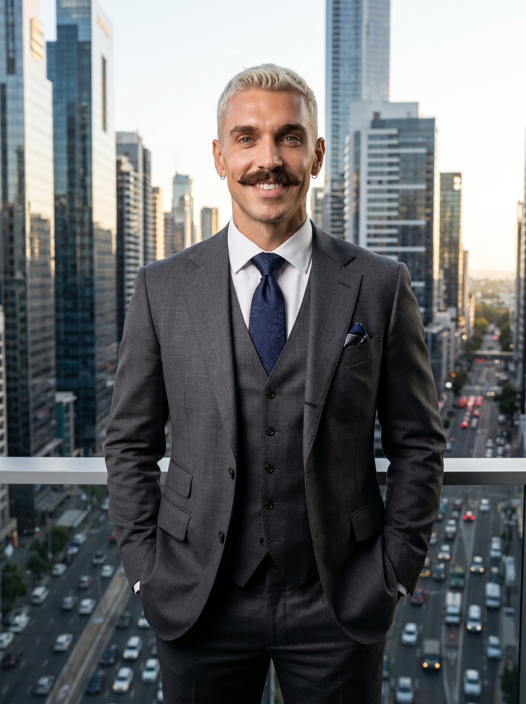 Design a photo featuring an executive style, with a tailored suit and a cityscape in the background, tailored for recruiters aspiring for leadership roles and a commanding presence.