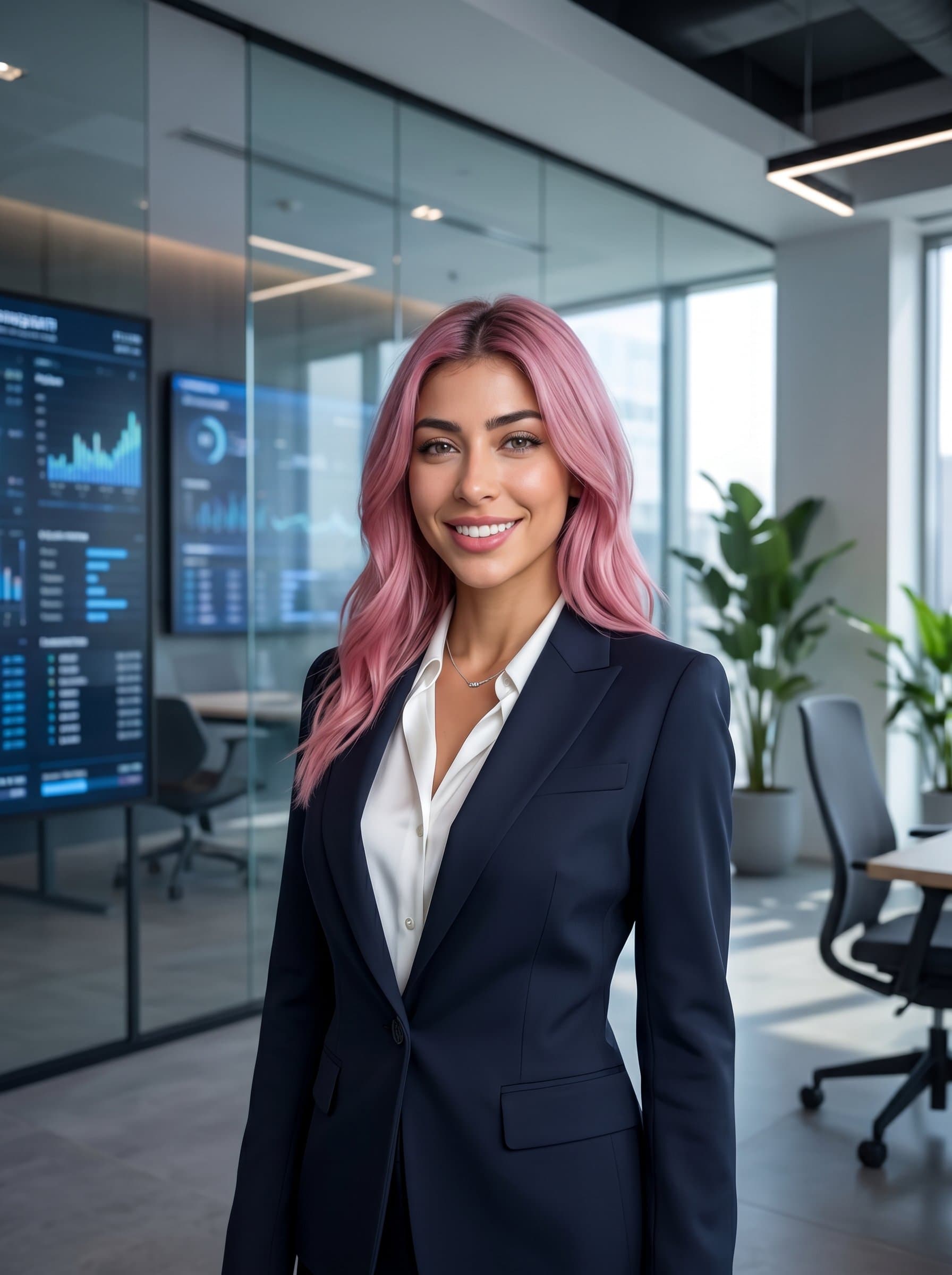 Create a headshot that merges modern and corporate styles, featuring sleek attire and a high-tech office backdrop, tailored for recruiters embracing a blend of tradition and innovation.