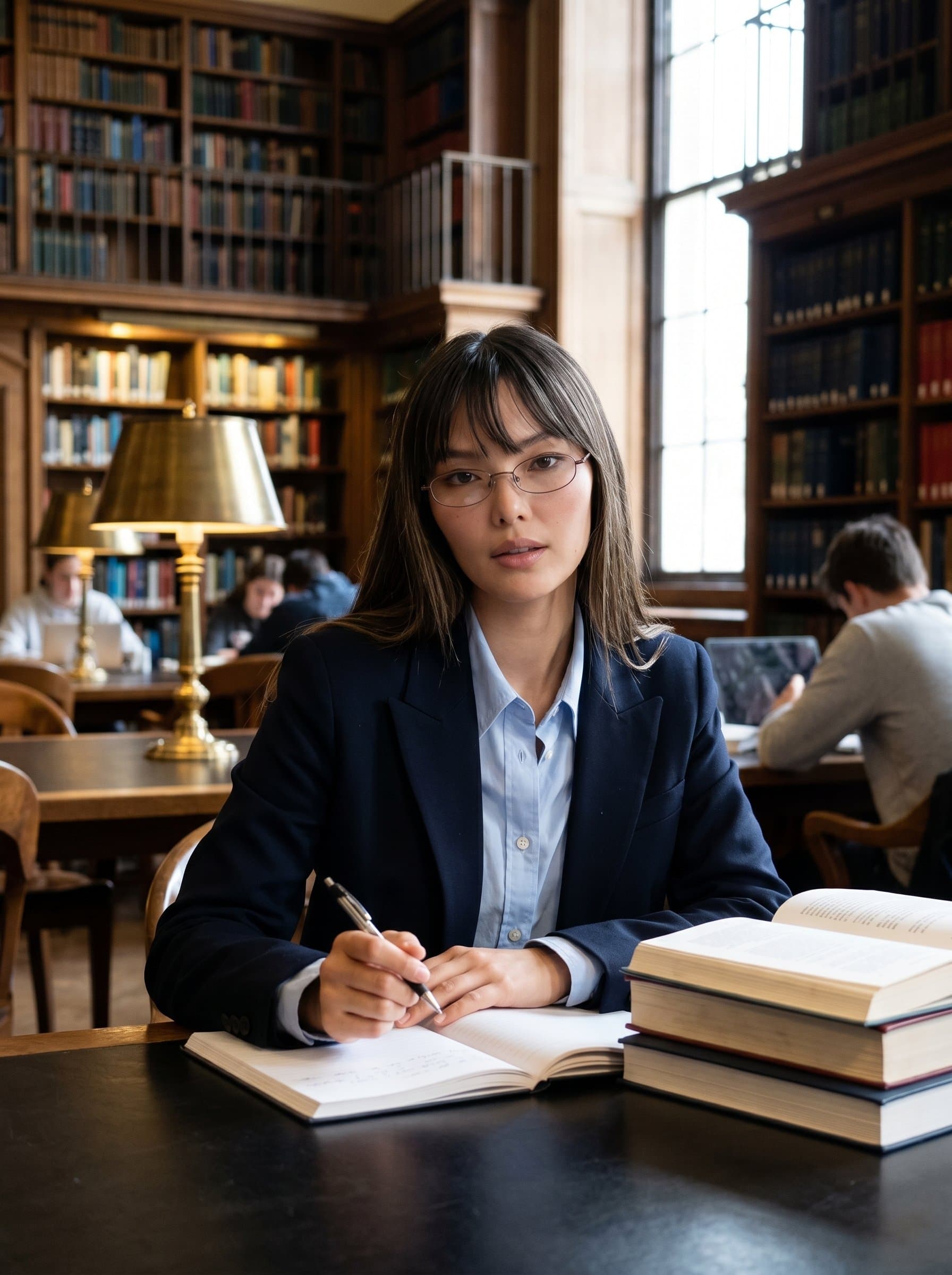 Create a photo with an academic and intellectual vibe, including books and a library backdrop, perfect for recruiters in education or research sectors seeking a scholarly image.