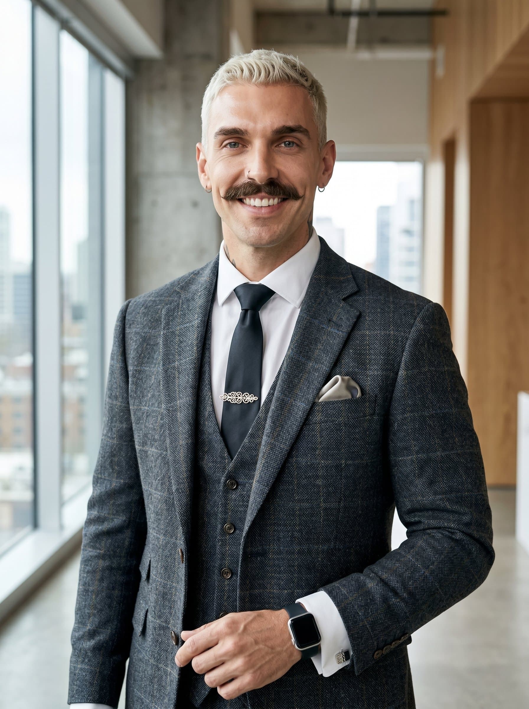 Design a headshot that combines a traditional and modern influence, incorporating classic attire with contemporary accessories, crafted for recruiters balancing heritage and innovation in their professional journeys.