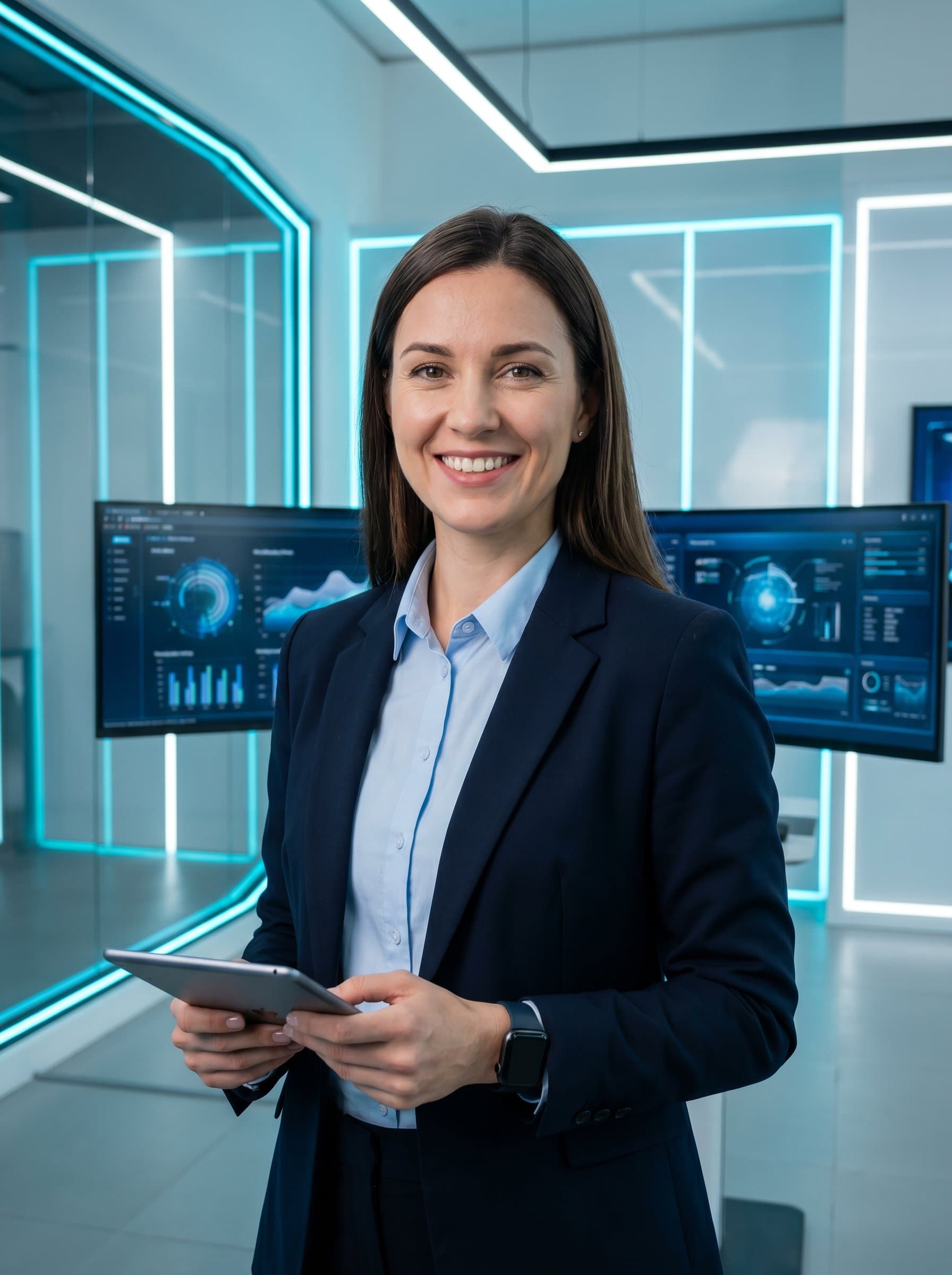 Generate a headshot with a tech-savvy look, showcasing digital gadgets and a futuristic setting, perfect for recruiters specializing in the tech industry and modern solutions.