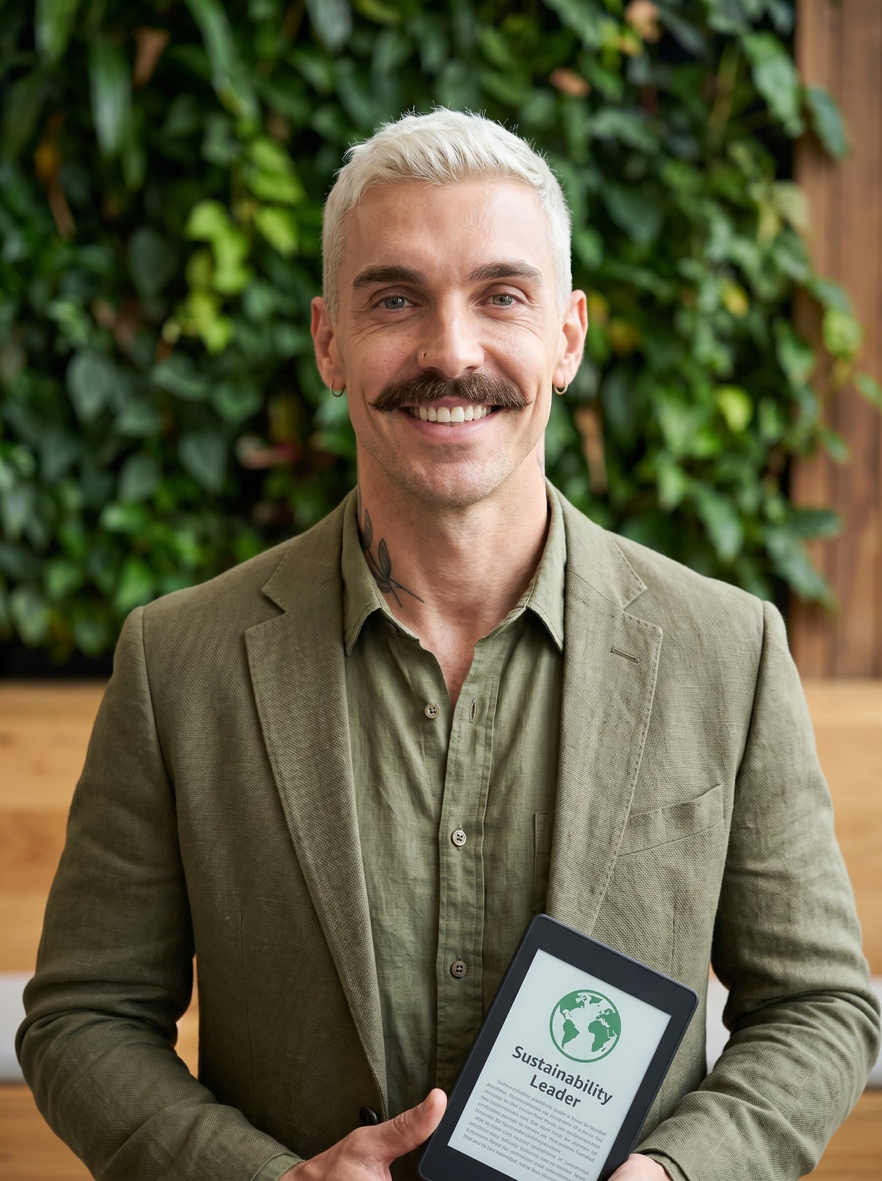 Compose a headshot focusing on sustainability, featuring natural elements and eco-friendly attire, tailored for recruiters passionate about environmental responsibility and conscious practices.