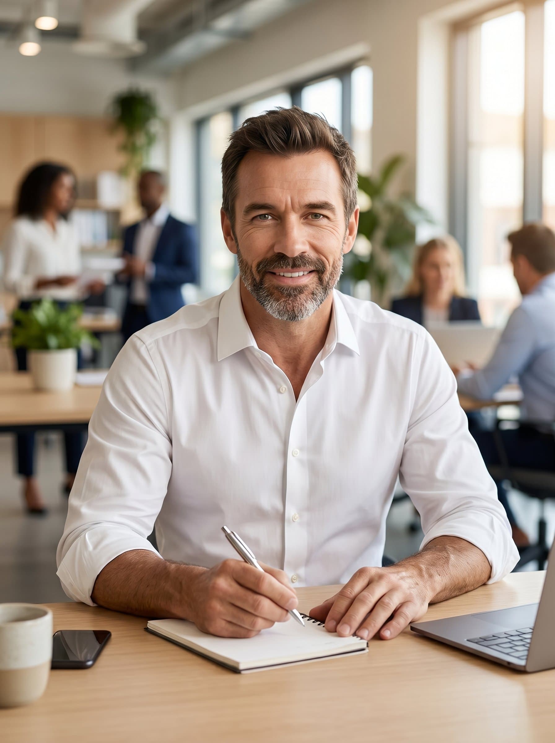 HR professional seated at a minimalist desk, with a blurred office backdrop. Wearing a crisp shirt and holding a pen, they exude trustworthiness and calm authority, ideal for a company website or LinkedIn profile.