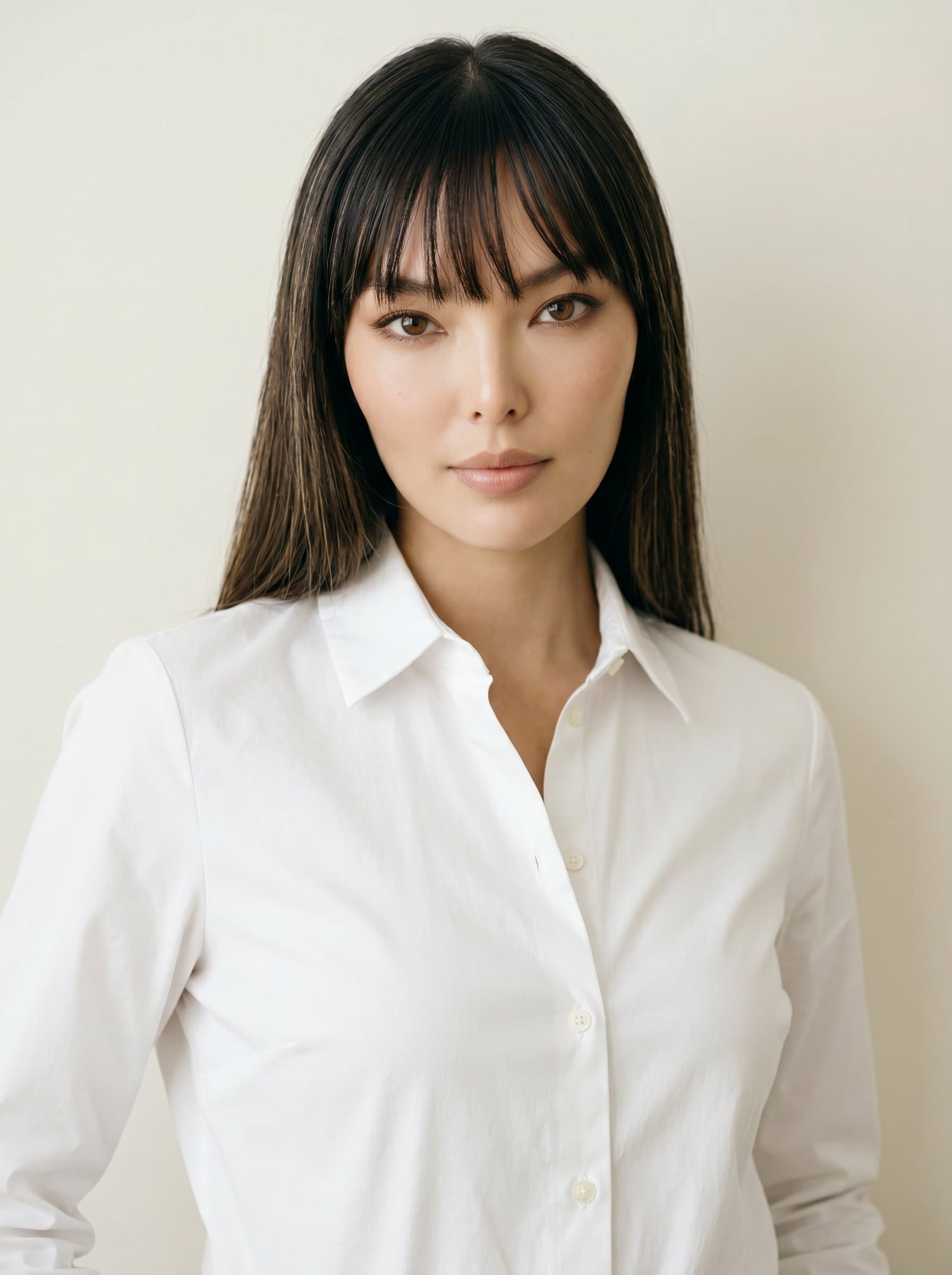 A HR coordinator with a neutral cream background, wearing a classic button-up shirt. Their poised demeanor and attentive eyes suggest a readiness to engage, ideal for business conferences or HR panels.