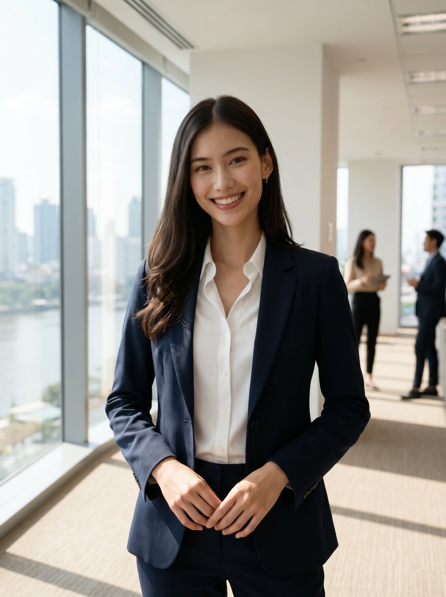 A HR professional wearing a tailored blazer, standing in a sunlit office with floor-to-ceiling windows, conveying competence and approachability. The neutral background highlights their focused expression, emphasizing professionalism in a corporate environment.