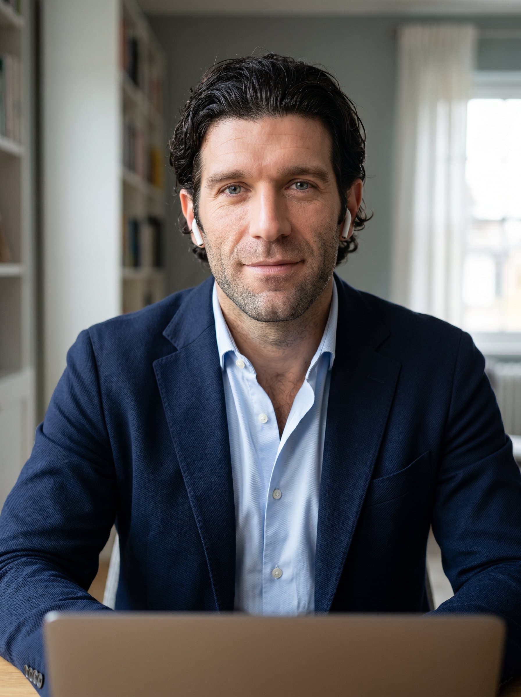 The prompt depicts an HR consultant with a wireless earbud, against a muted backdrop. Their business attire and engaged expression imply tech-savviness and approachability, suitable for virtual meetings or webinars.