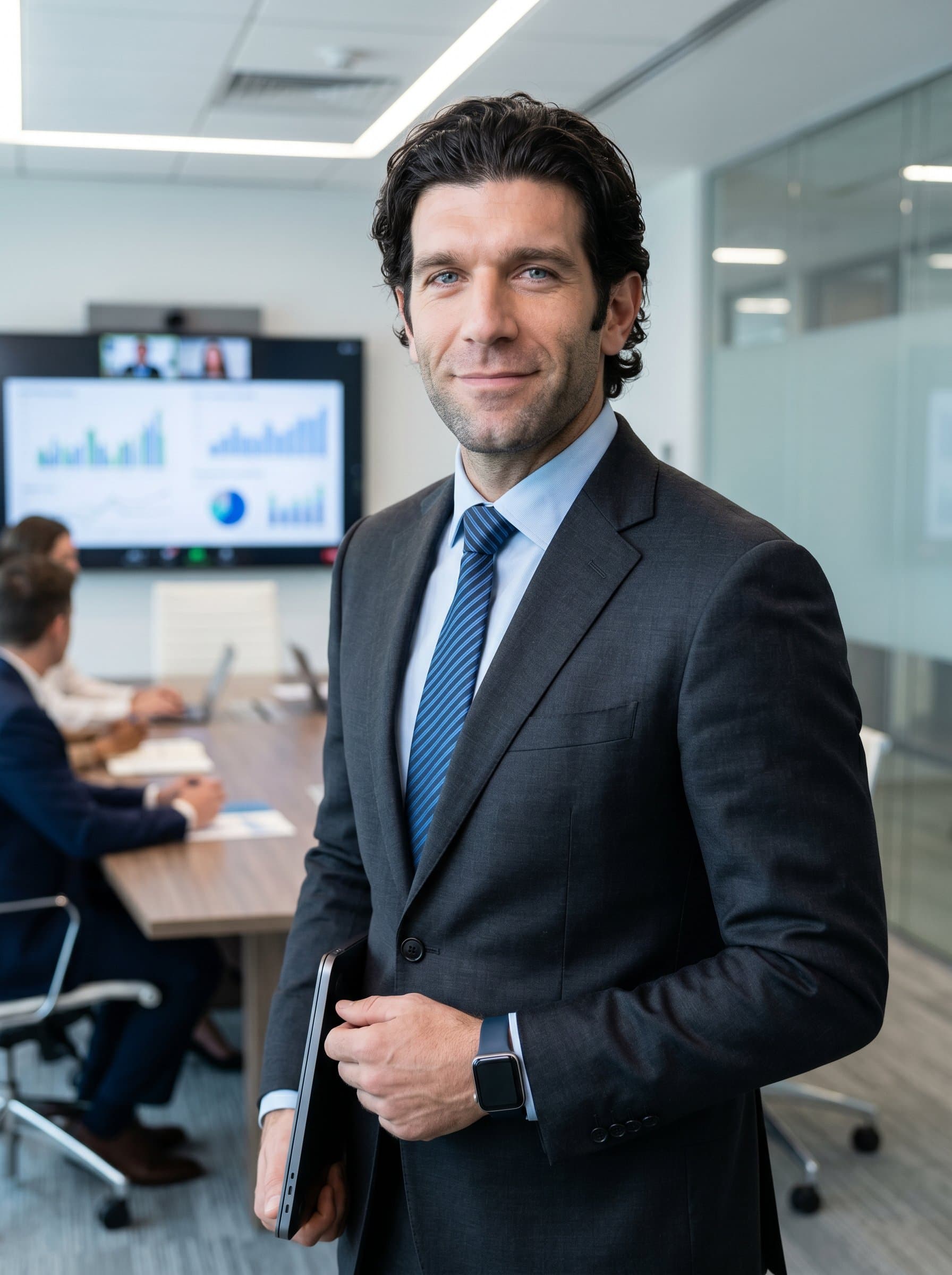 Show a HR analyst with a subtle smile, standing in front of a blurred conference room. The neutral backdrop highlights their tech-friendly accessories, suggesting a blend of analytic skills and human connection.