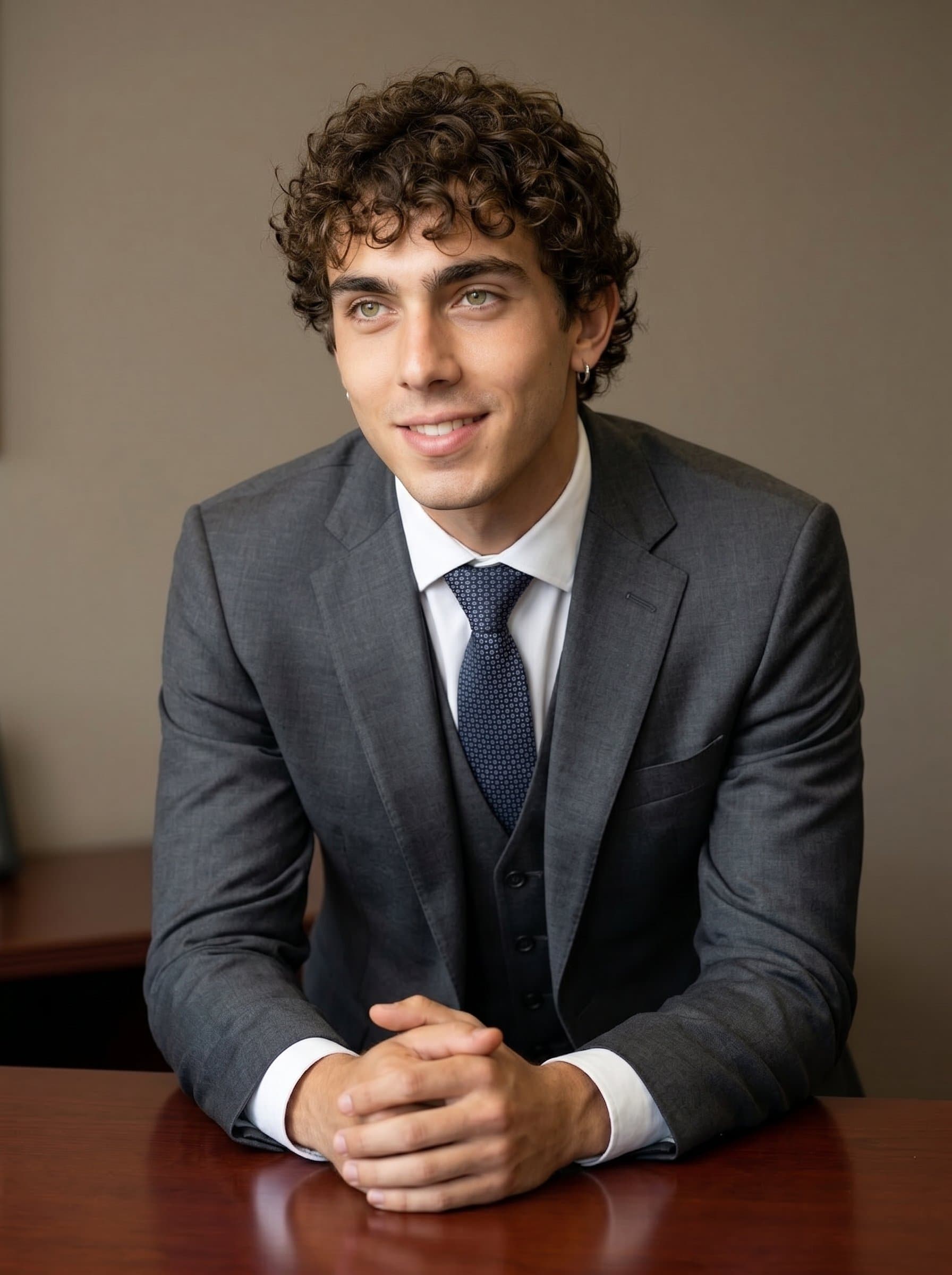 Capture a HR executive leaning slightly forward, wearing a patterned tie and a thoughtful smile. The neutral taupe backdrop enhances their authoritative posture, embodying a balance of leadership and collaboration.