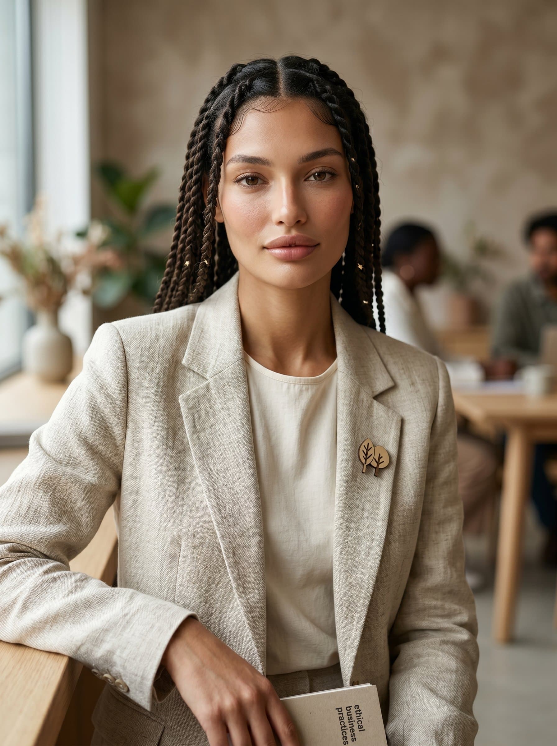 Capture a HR advisor with a neutral, soft-focus background, wearing an eco-friendly business ensemble. Their earnest expression and natural light convey a commitment to sustainability and ethical human resource practices.