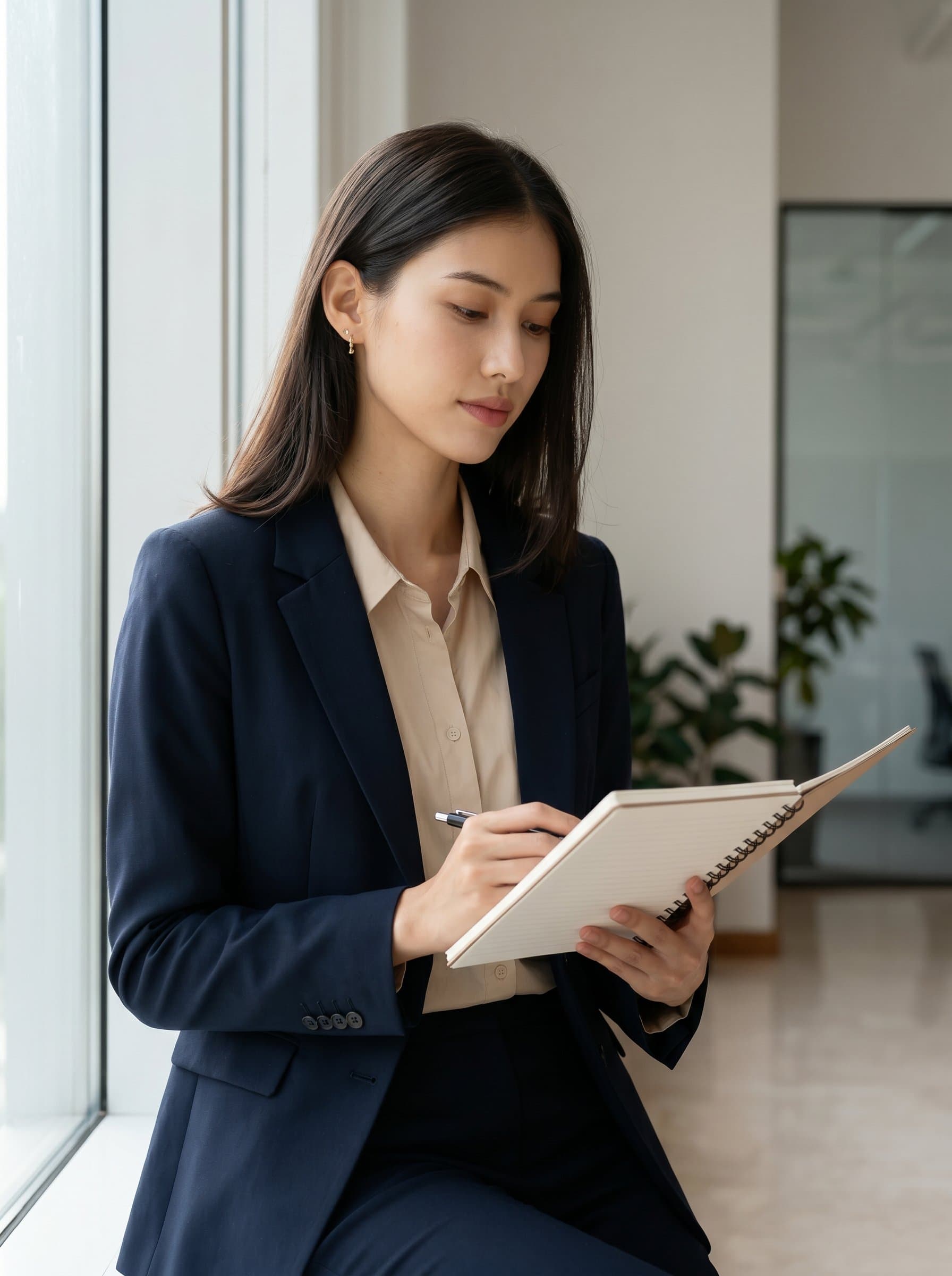 Pose a HR leader holding a notebook, with natural light highlighting their thoughtful expression. The simple, neutral background emphasizes their dedication and strategic mindset, making it perfect for corporate communications.