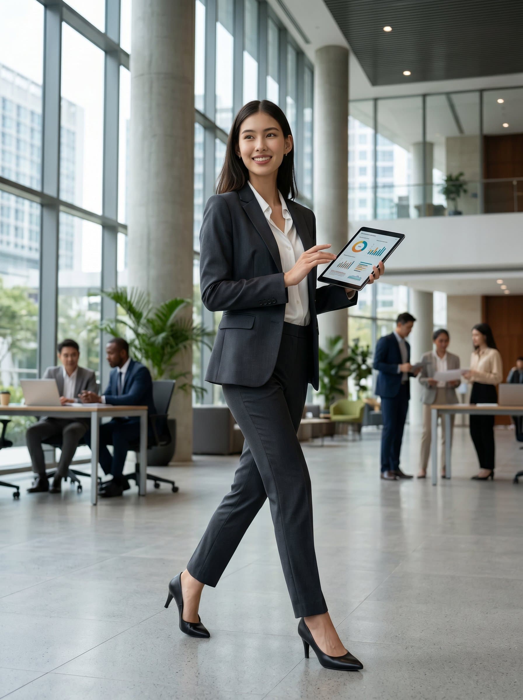 The image shows an HR consultant in a formal suit, with a digital tablet in hand. The neutral background contrasts with their dynamic pose, reflecting adaptability and forward-thinking in a modern corporate world.