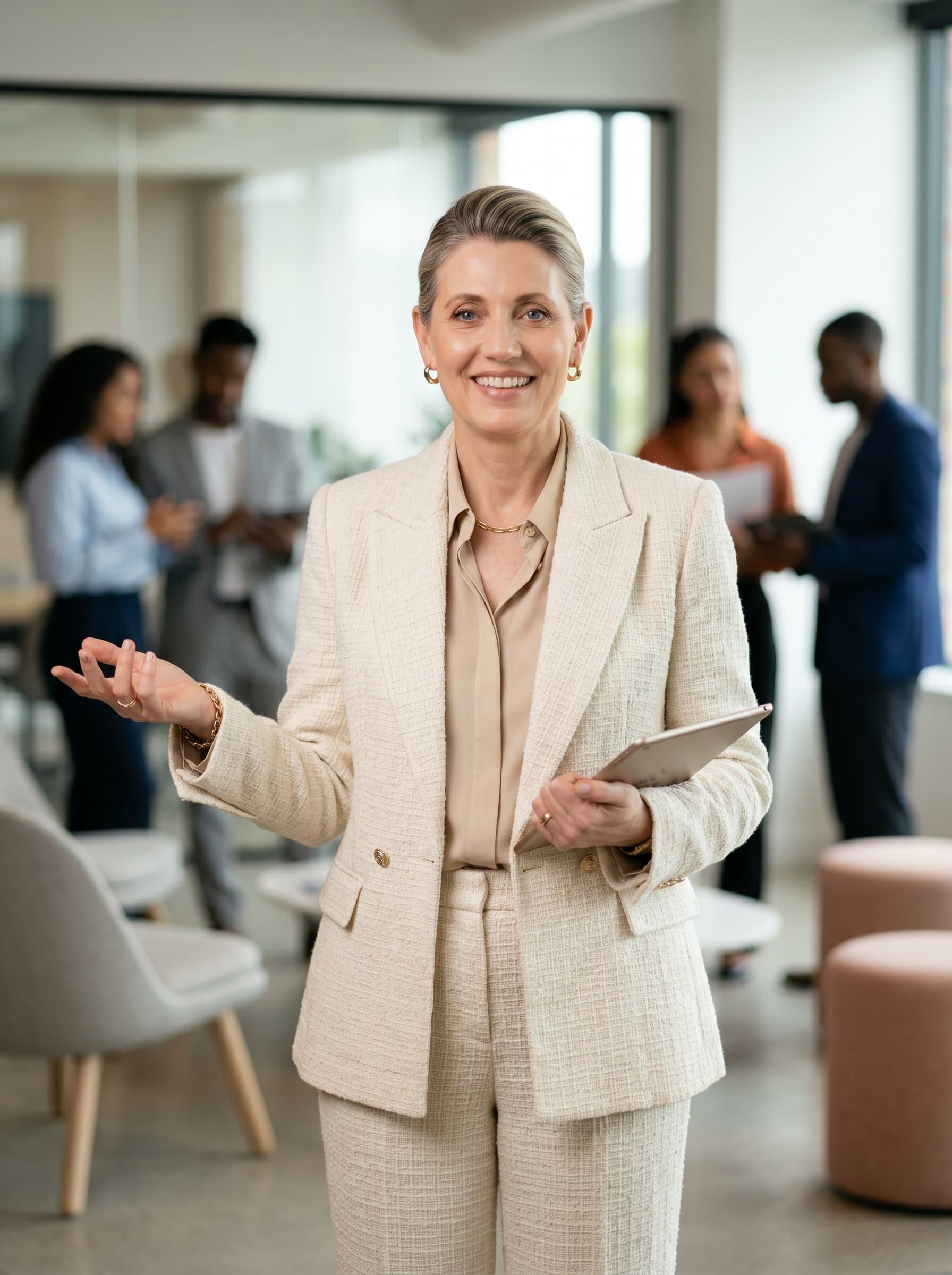 A HR team leader with a neutral, soft-focus office background. Their chic, monochrome outfit and open body language project confidence and clarity, ideal for fostering a diverse and inclusive workplace image.