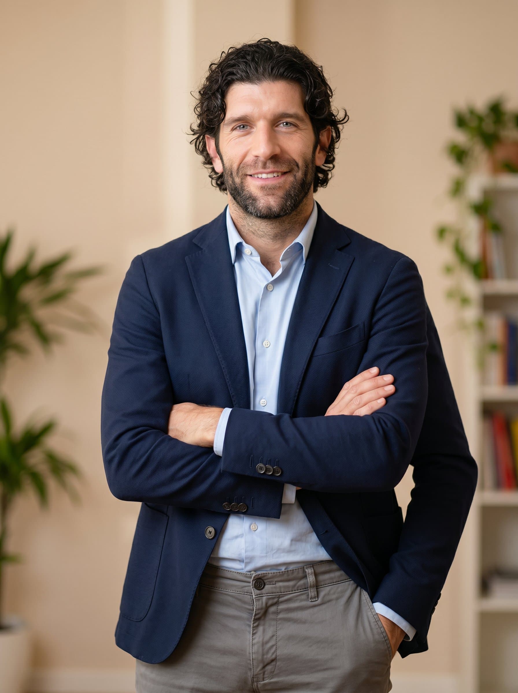 features an HR director with a neutral backdrop of soft beige tones, wearing a smart casual ensemble. Their confident gaze and relaxed posture communicate both authority and warmth, ideal for professional networking.