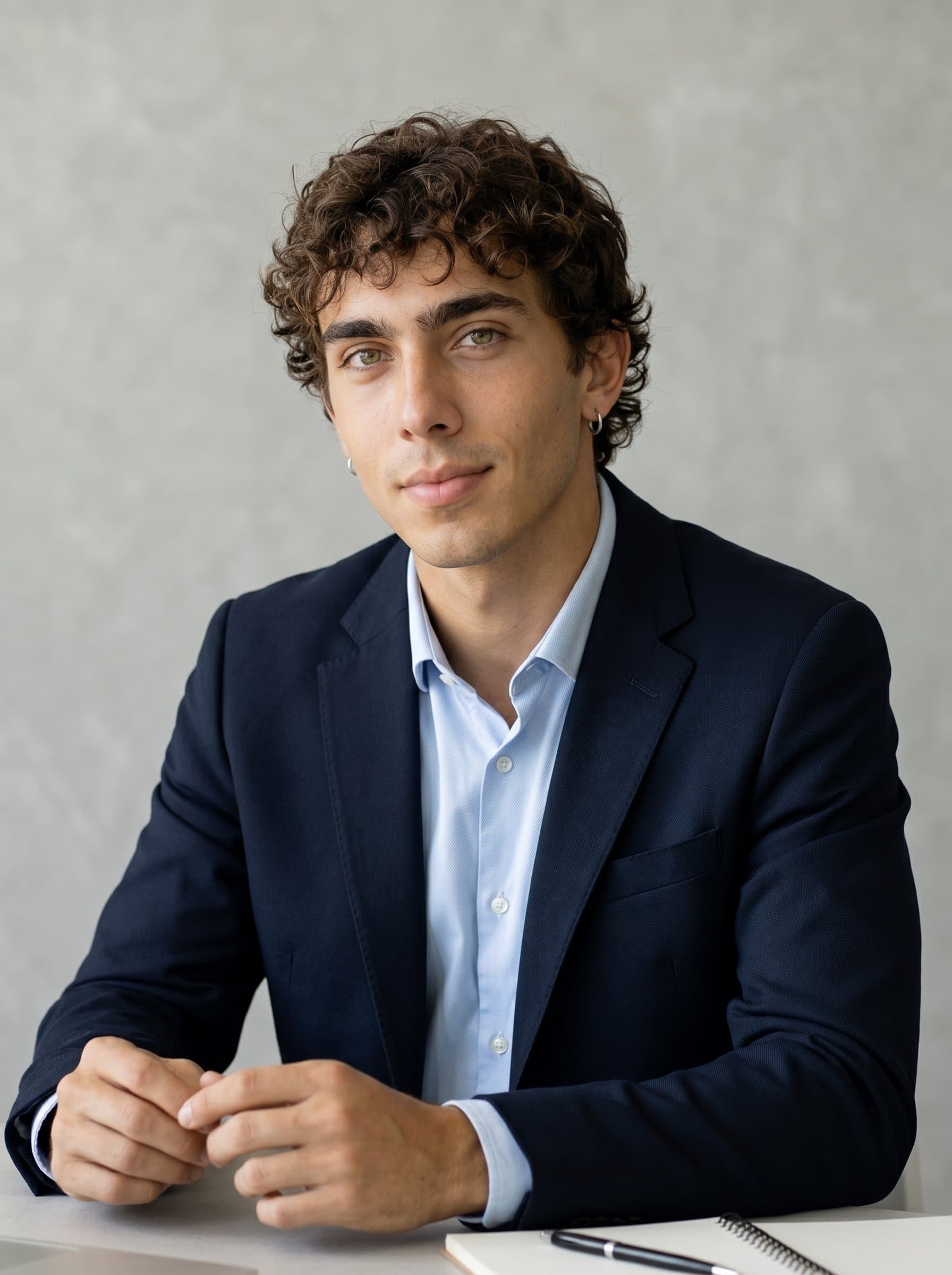 A thoughtful HR partner with a gentle expression, against a neutral minimalist backdrop. Wearing a smart jacket, they exude calm confidence and readiness to engage, ideal for company brochures or HR profiles.