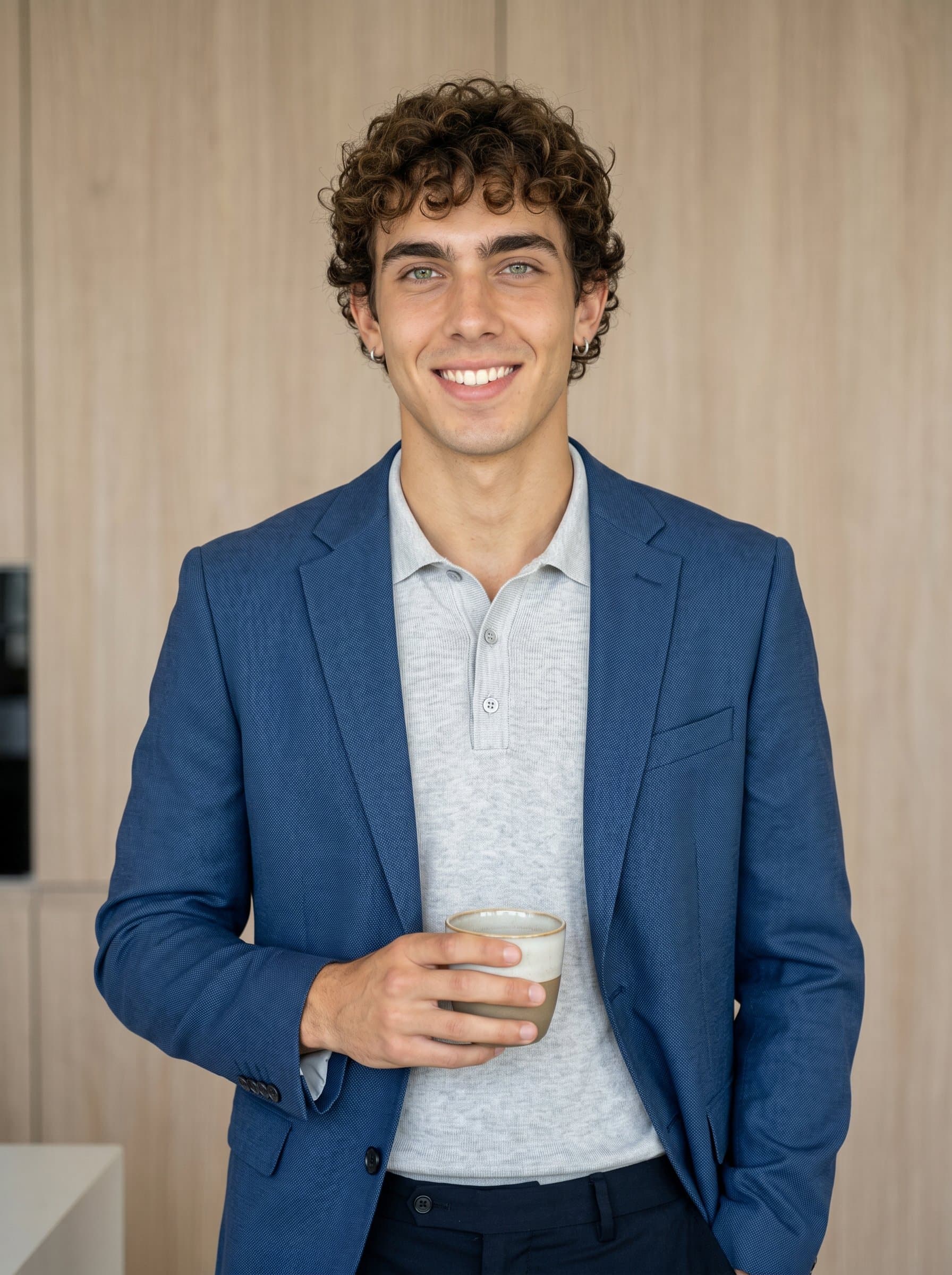 depicts an HR talent specialist against a neutral wood-textured background, holding a cup of coffee. Their relaxed, modern business outfit conveys a mix of professionalism and casual comfort, perfect for HR marketing.