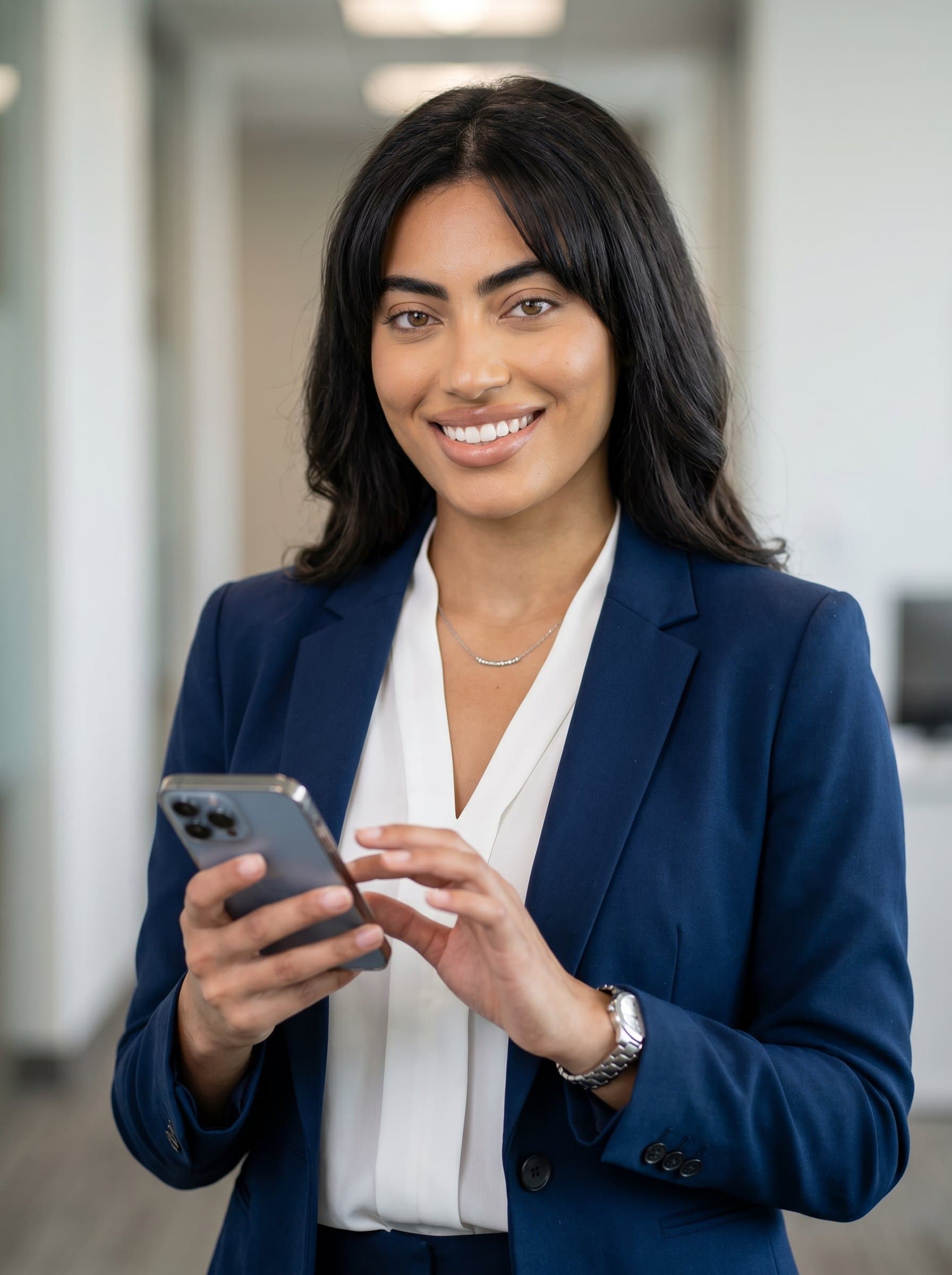 features an HR operations manager with a neutral background, holding a smartphone. Their professional attire and approachable demeanor suggest efficiency and connectivity, essential for today's fast-paced corporate environments.