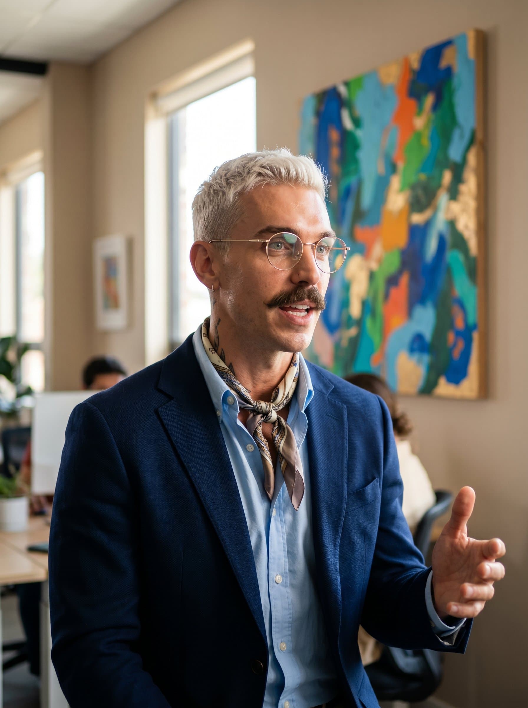 A HR specialist, mid-discussion, wearing glasses and a stylish scarf. Behind them, abstract art adds a splash of creativity to the neutral setting, hinting at their innovative approach to human resources.