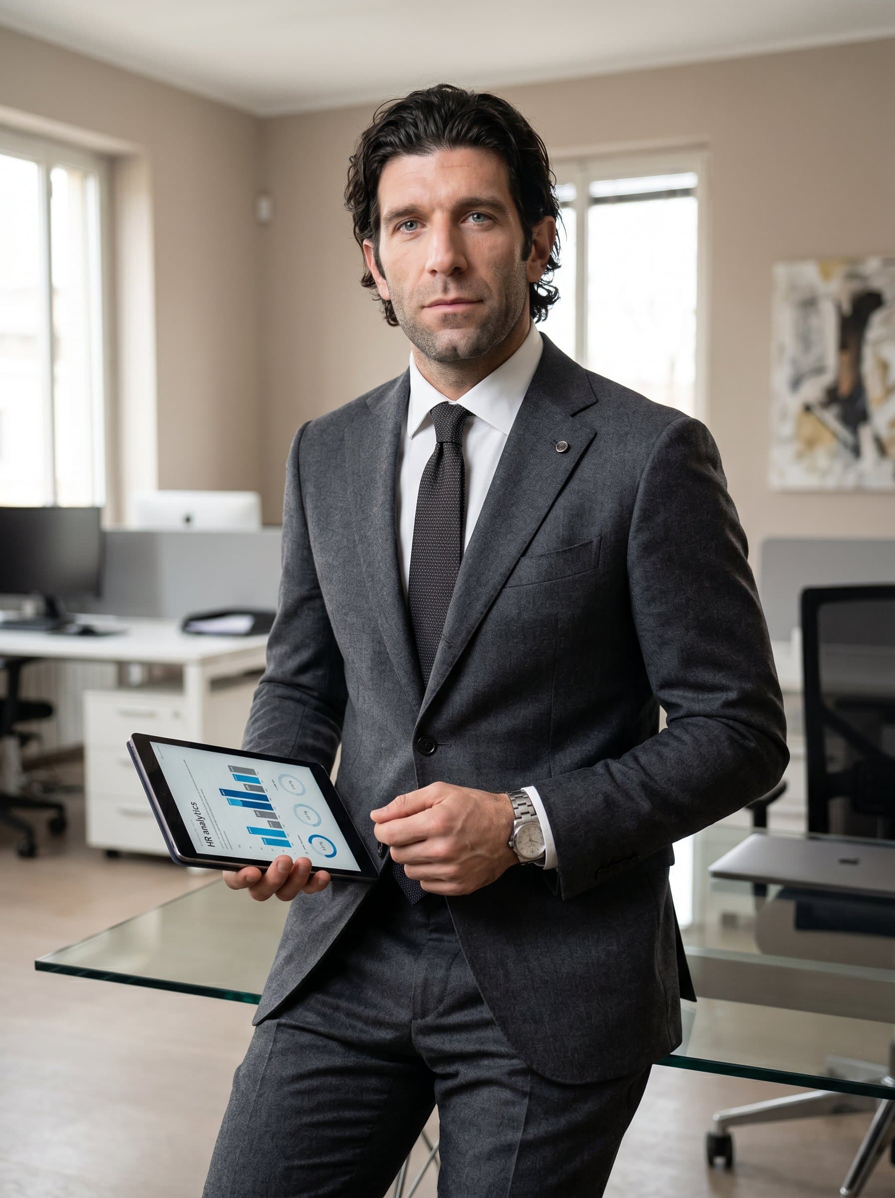 A HR strategist in a contemporary office space, with a neutral palette emphasizing their tailored attire. The composed expression and subtle accessories suggest a balance of tradition and modernity in HR strategies.