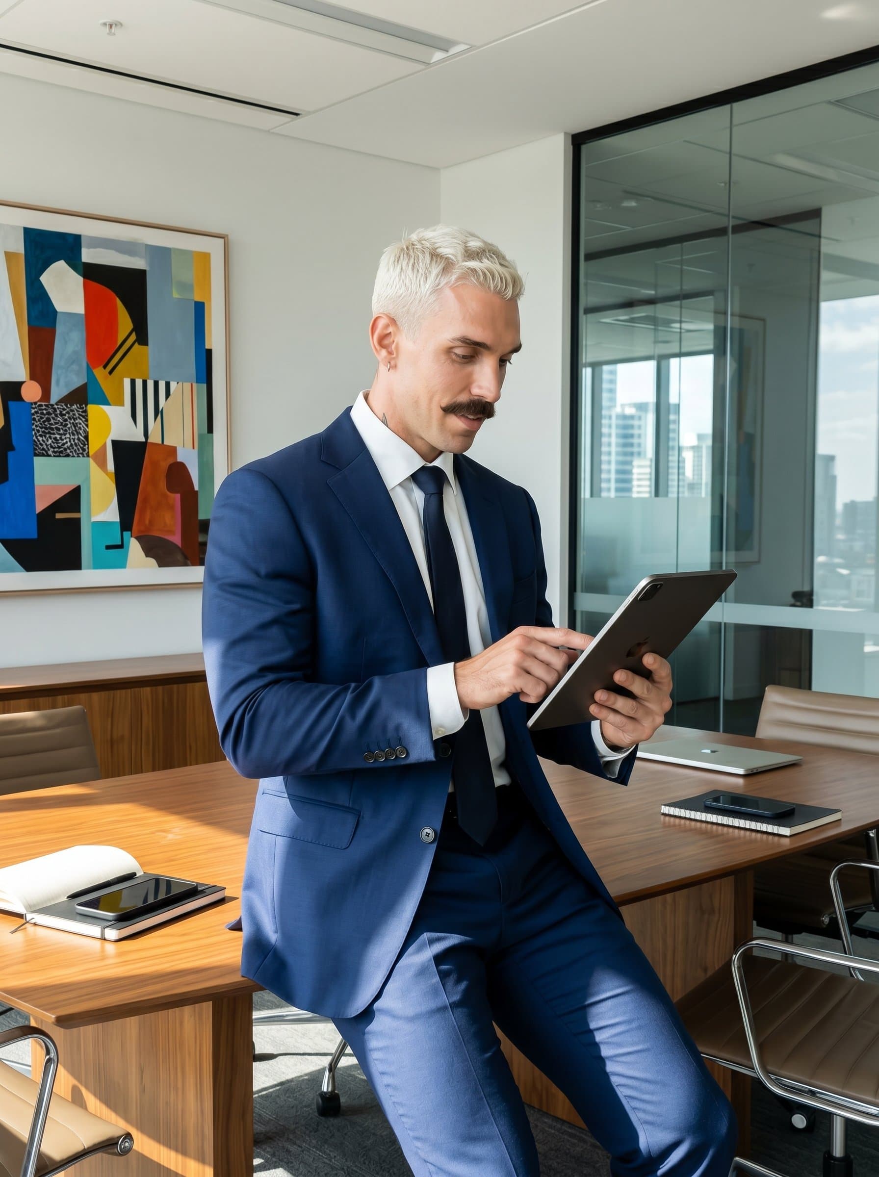 : Paralegal leaning on a conference table with a digital tablet. The modern office features abstract art and minimalist decor, underscoring their innovative approach to legal work. Photorealistic.