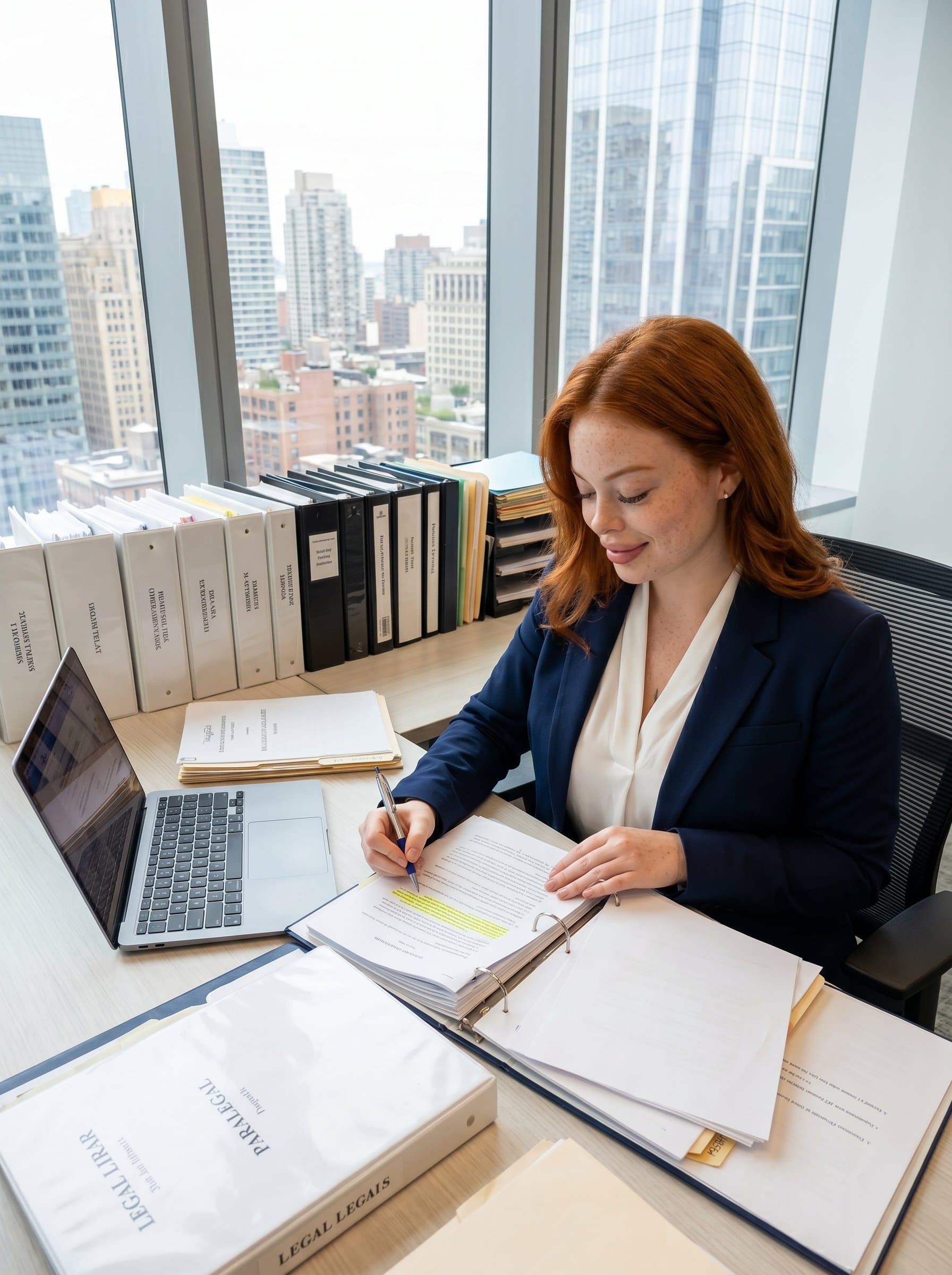 : A paralegal reviewing documents with a slight smile, surrounded by organized files and a large window with cityscape views. The setting conveys efficiency and expertise in a high-rise law firm. Photorealistic.