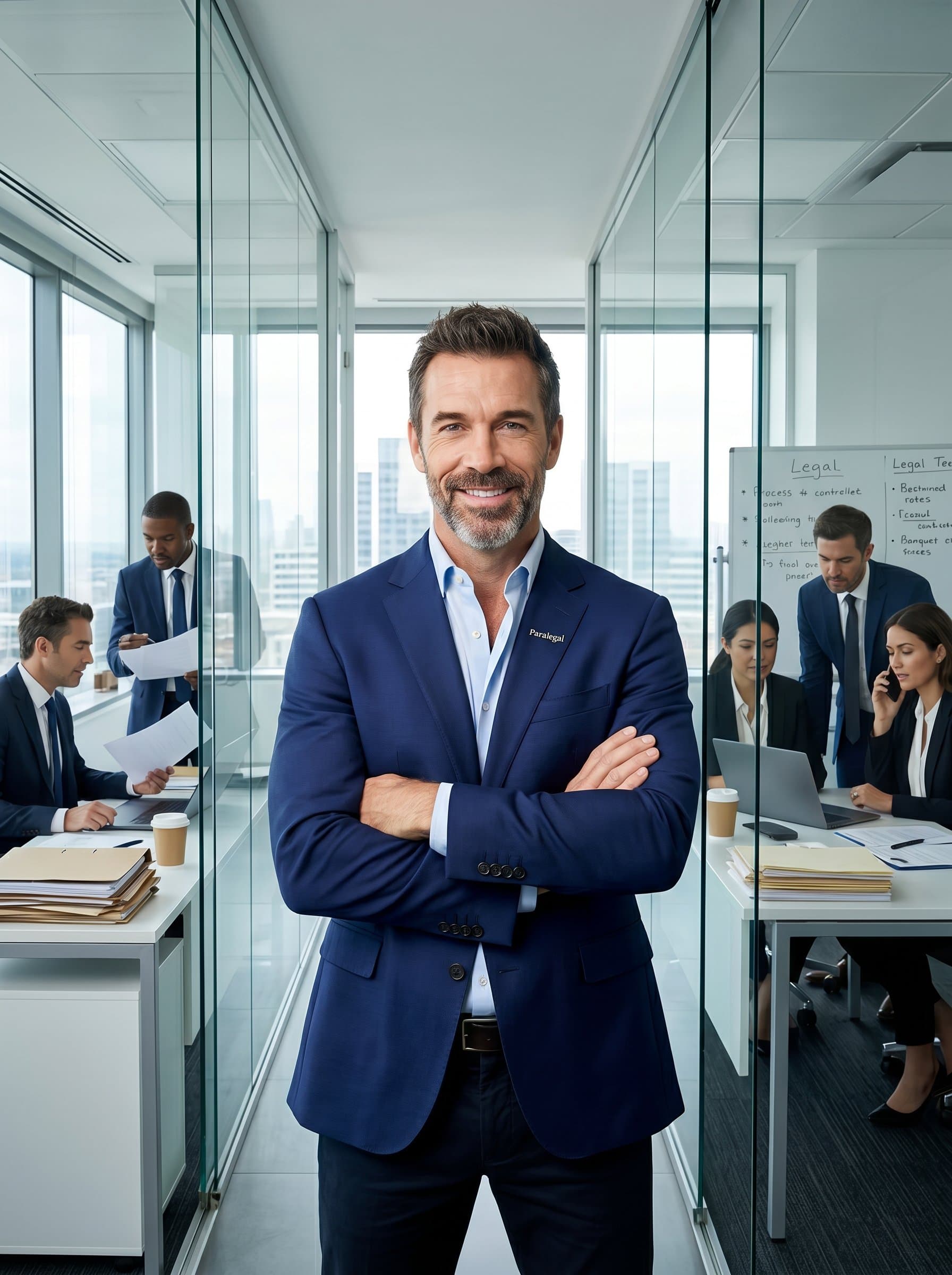 : A paralegal with crossed arms, standing confidently in an office lined with glass walls, revealing a bustling legal team at work behind them. Professionalism and teamwork are emphasized. Photorealistic.