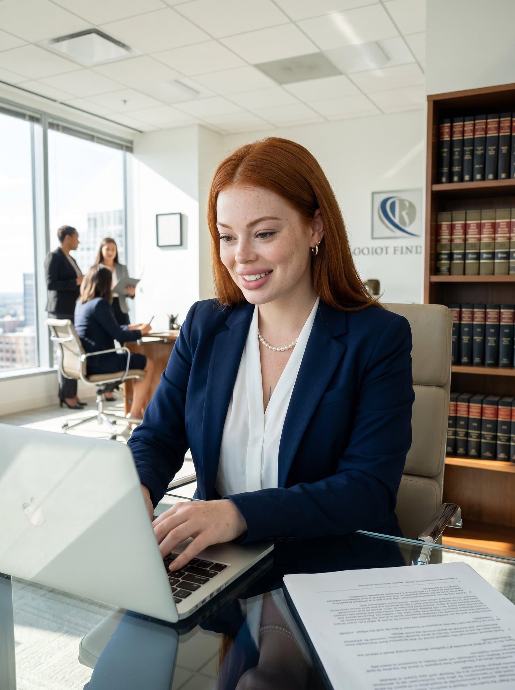 : A paralegal seated at a sleek glass desk, focused on a laptop, with a modern law office in the background. Soft natural light highlights their professional attire and confident expression. Photorealistic.