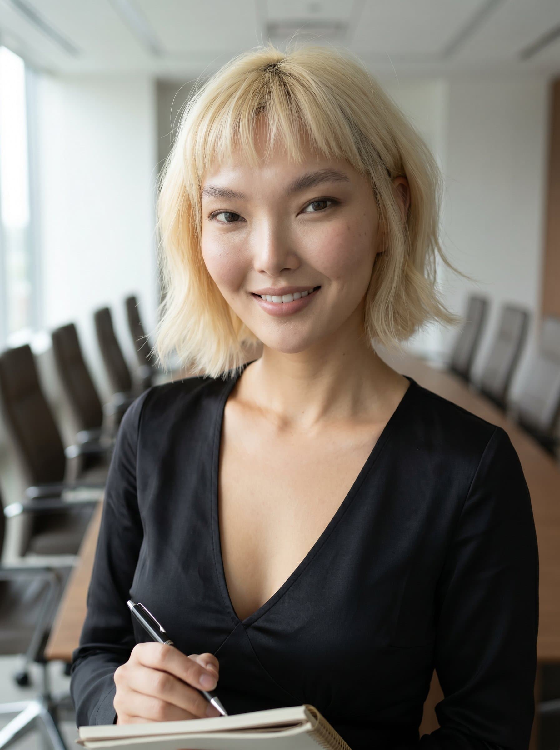: Close-up of a paralegal smiling gently, with conference room chairs blurred in the background, implying leadership and approachability in legal meetings. Photorealistic.