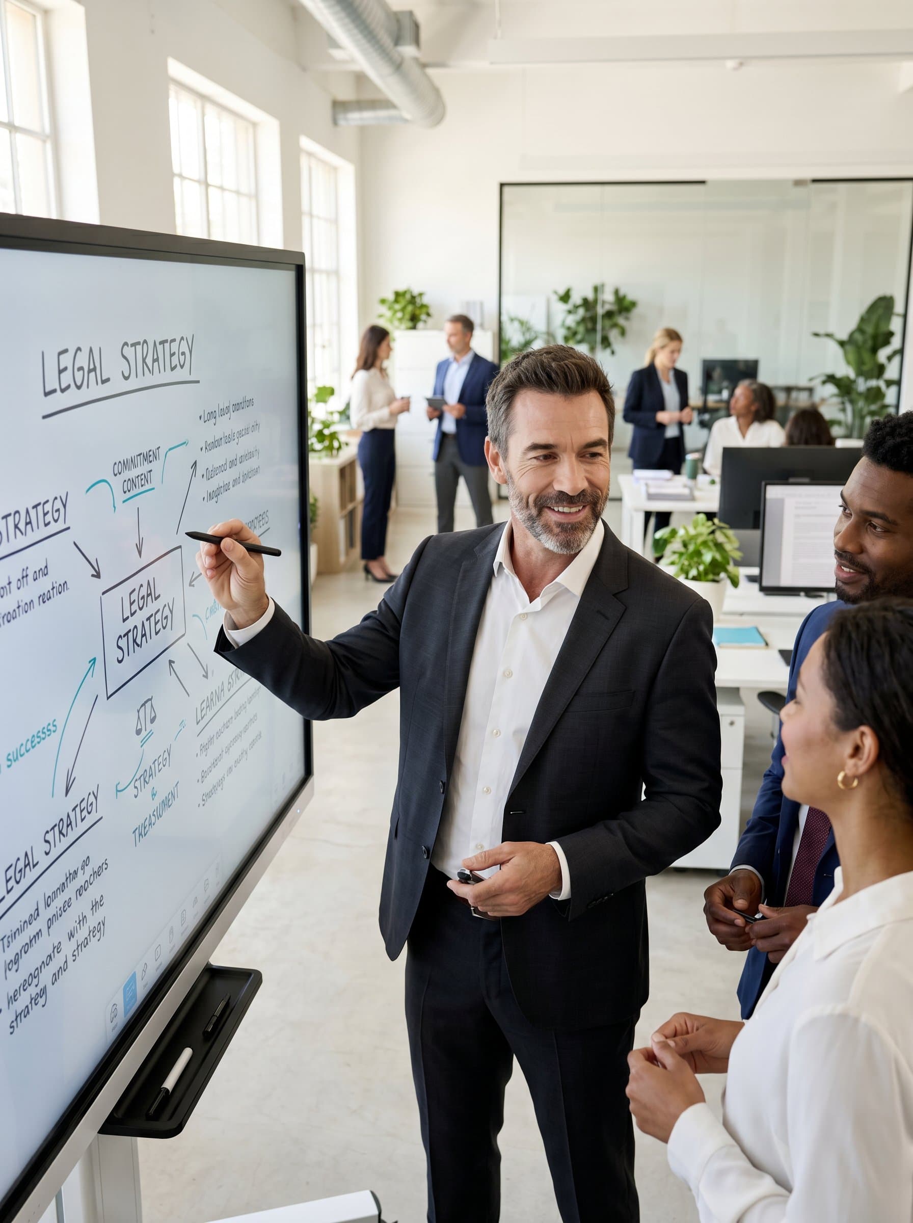 : Paralegal in a shared workspace, engaging with a digital whiteboard. The scene conveys collaboration and forward-thinking within a vibrant legal firm atmosphere. Photorealistic.