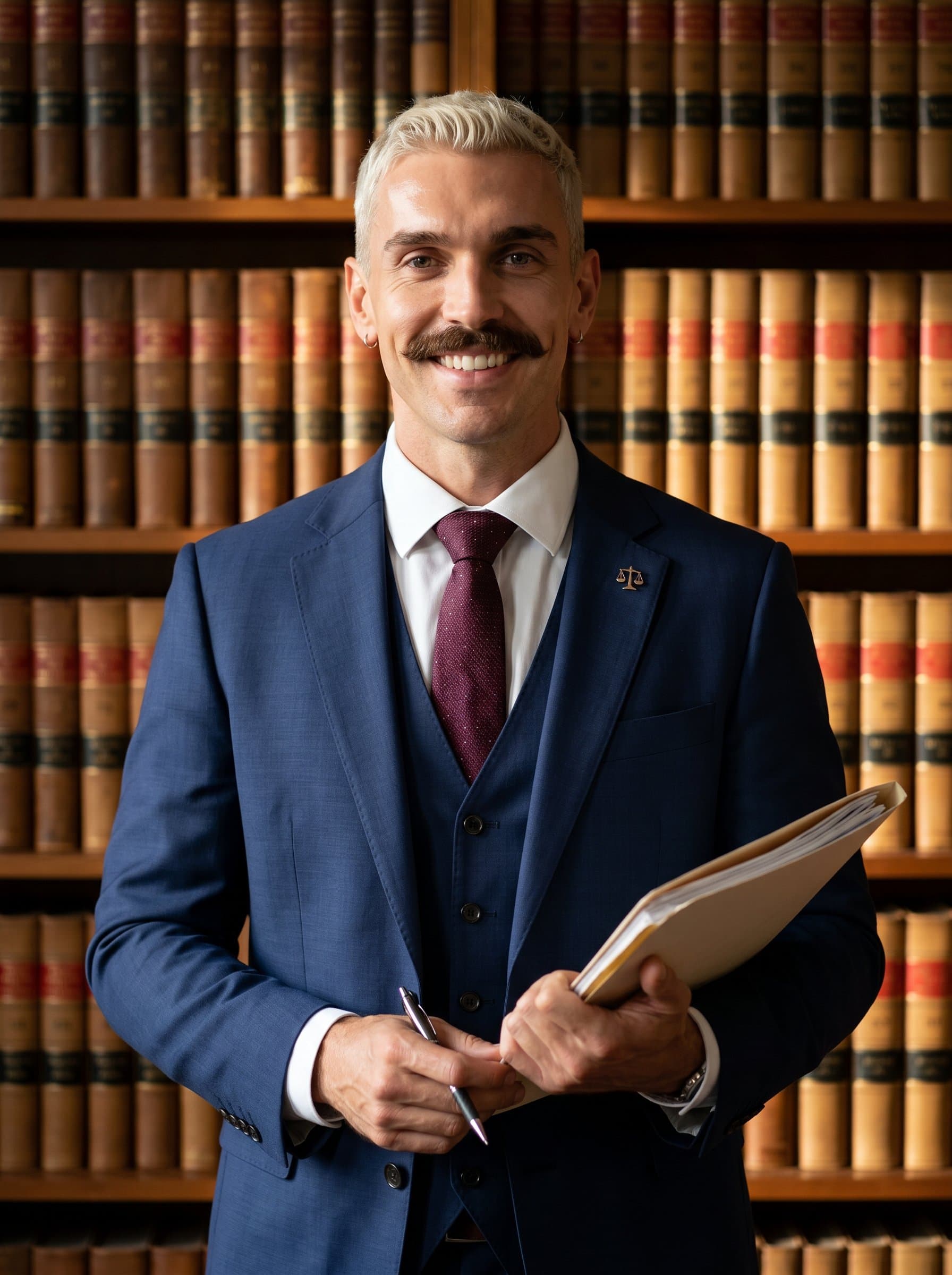 : Portrait of a paralegal standing in front of a wall of legal books, wearing a tailored suit. The lighting is warm, emphasizing their approachable demeanor and attention to detail. Photorealistic.