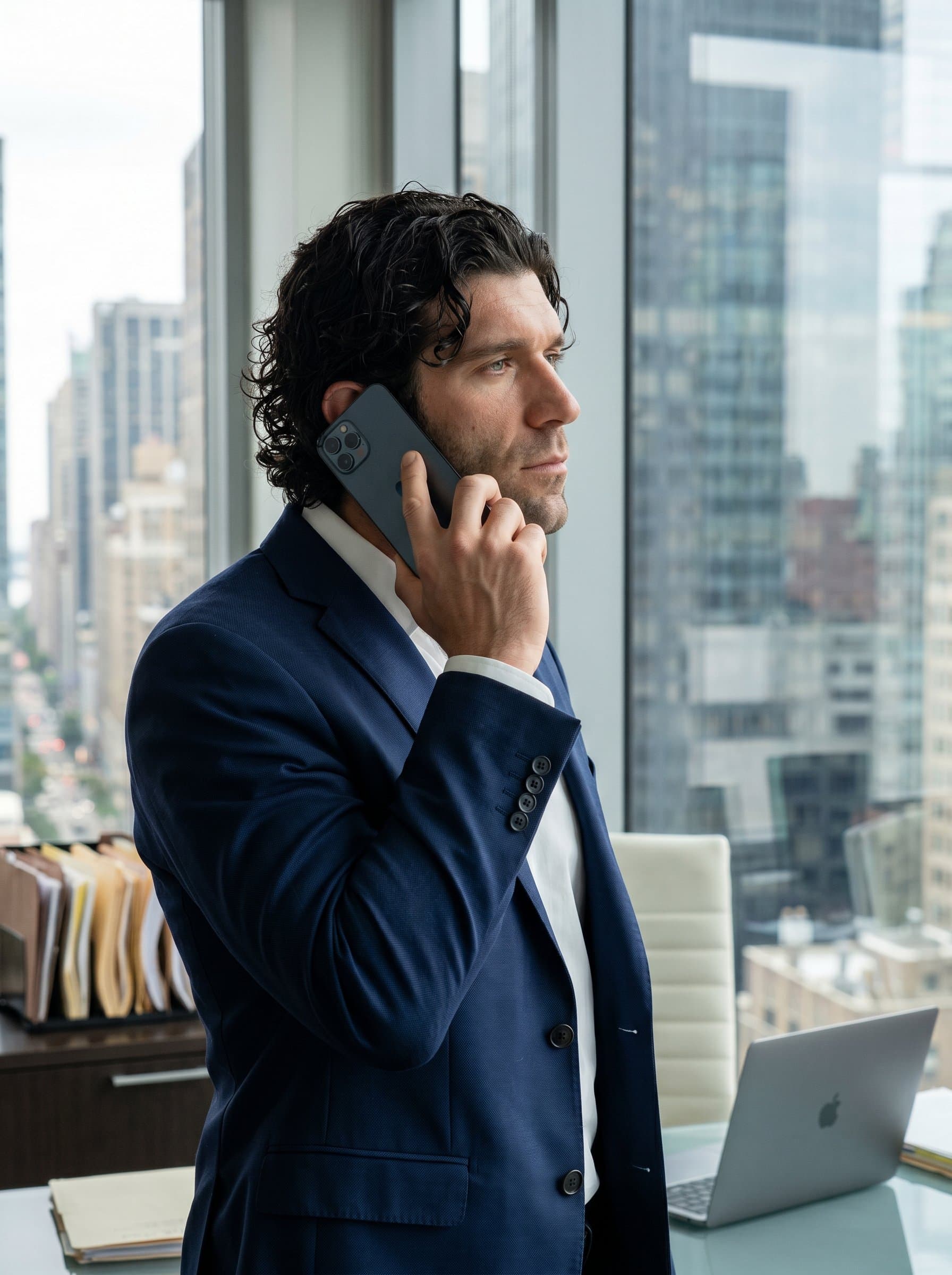 : Paralegal gazing out of a large office window, with a phone in hand. The modern high-rise setting suggests ambition and a forward-looking mindset. Photorealistic.