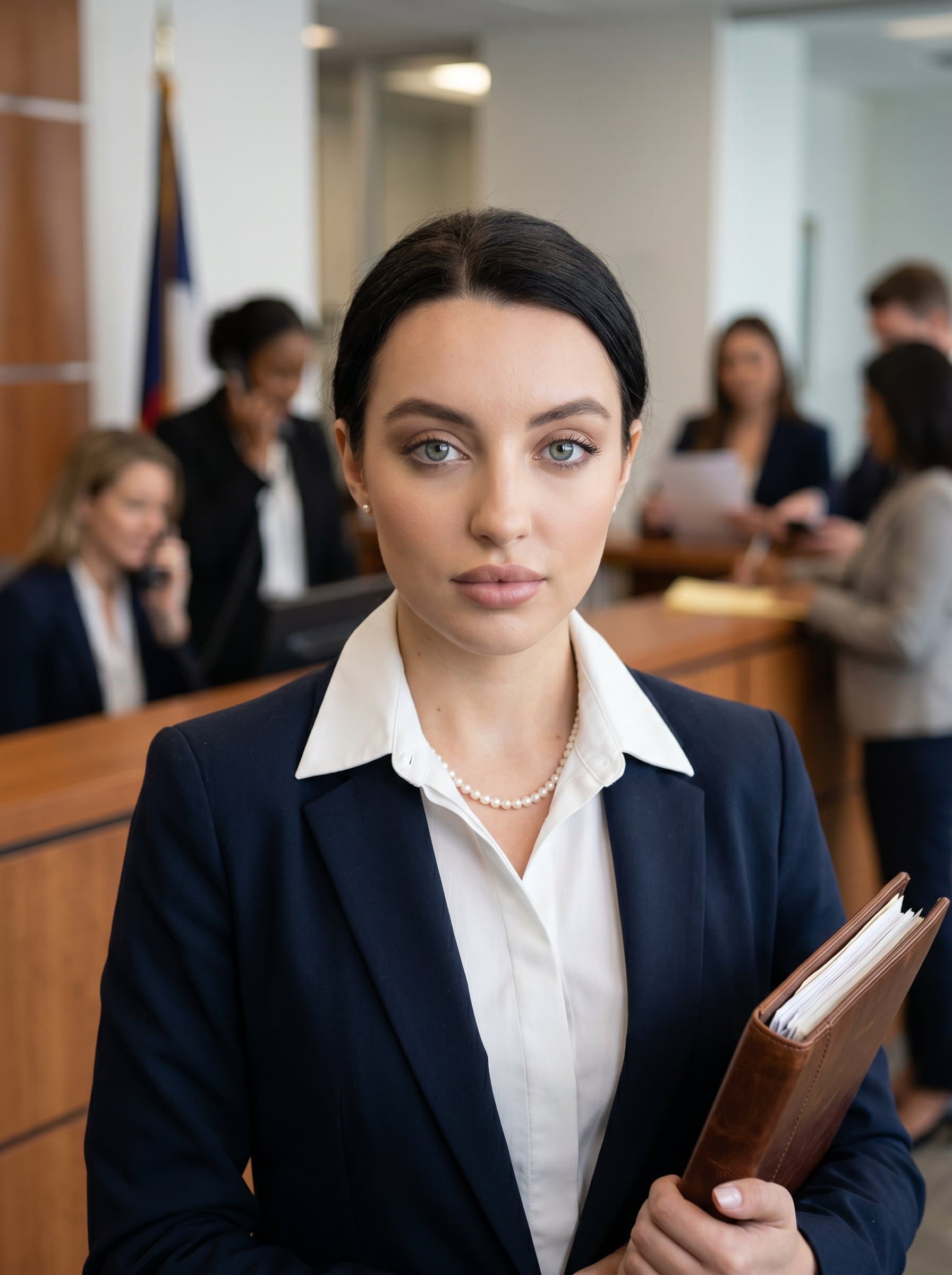 : Close-up of a paralegal's face, exuding calm and focus, with a backdrop of a busy office reception area. Their professional attire suggests readiness and accessibility. Photorealistic.