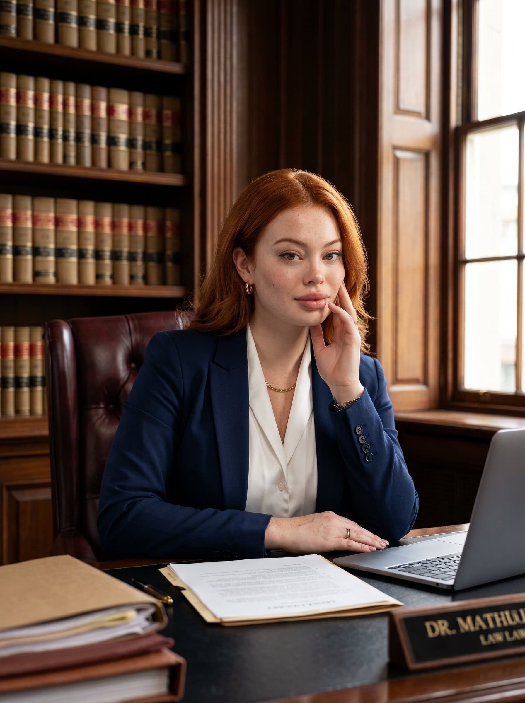 : A professional portrait of a paralegal in a luxurious office, with rich wood finishes and leather-bound law books. Confidence and sophistication are highlighted. Photorealistic.
